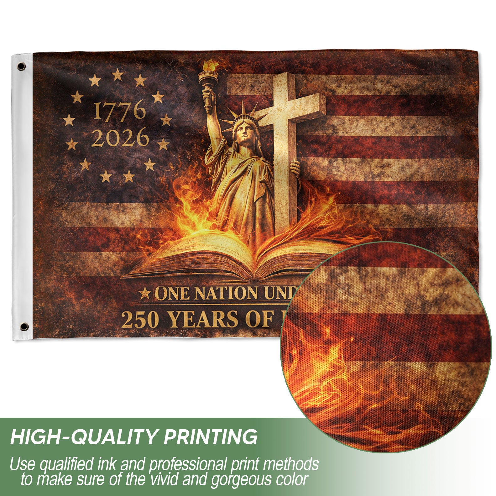 One Nation Under God 250th Anniversary Flag 1776–2026 – Lady Liberty & Holy Bible Christian Flag
