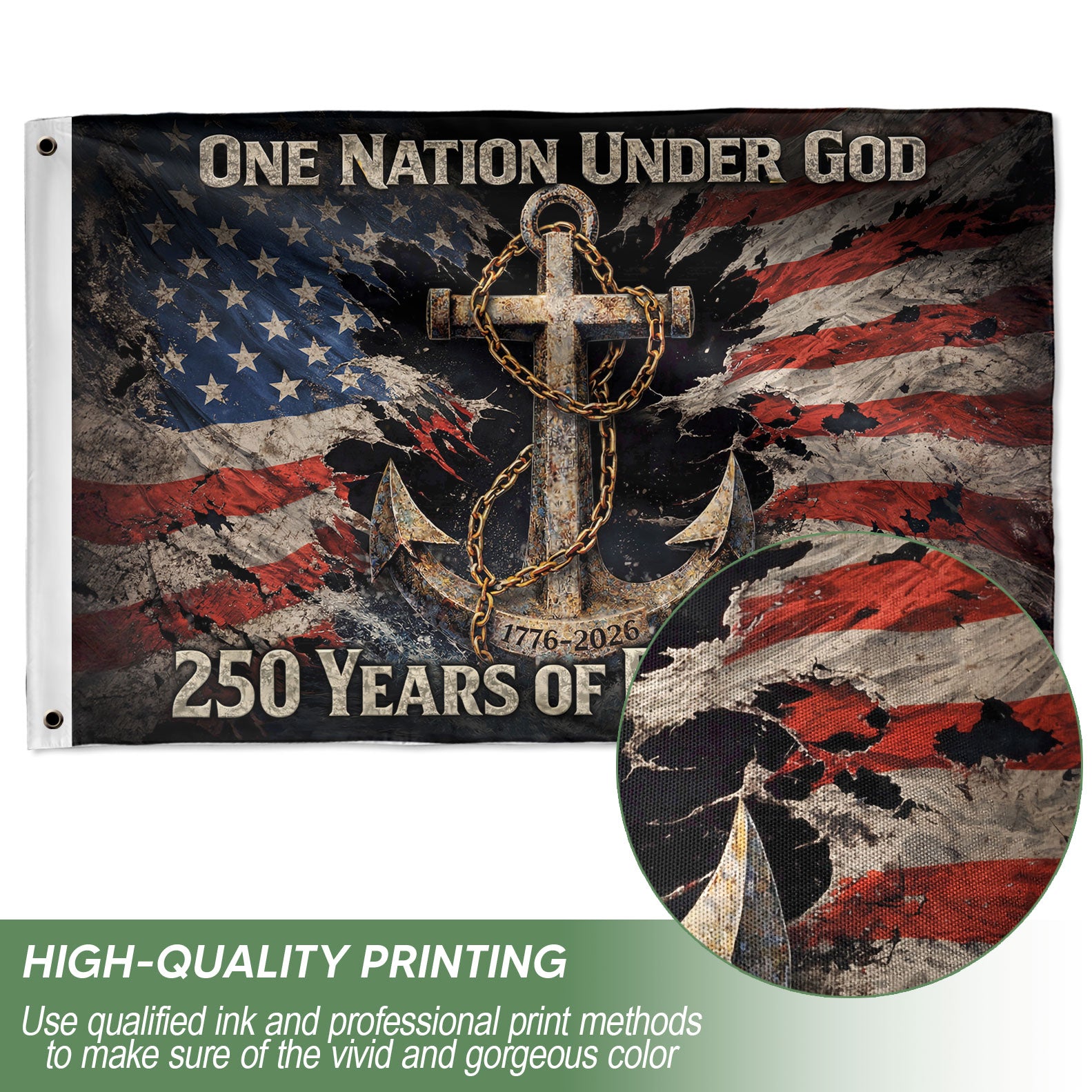 250 Years of Blessings Christian Flag 1776–2026 – Anchor Cross & Chain Patriotic Double Sided Banner