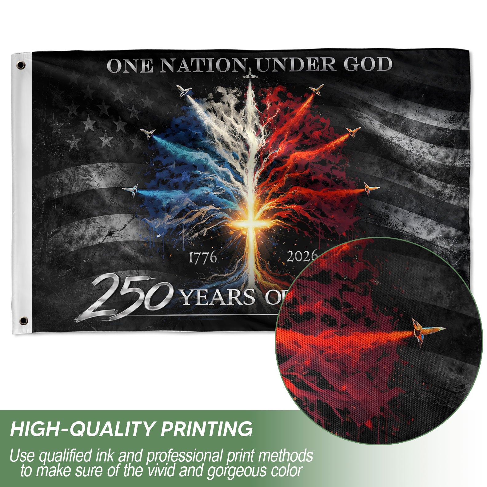 1776–2026 Christian Flag – Cross Tree & Jet Fighters Patriotic 250 Years Anniversary Banner
