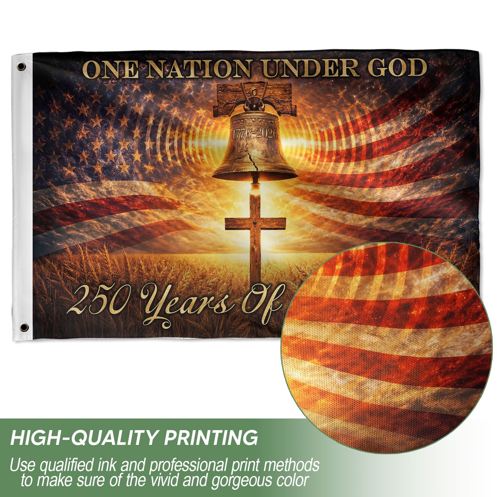 250 Years of Blessings Flag 1776–2026 – Liberty Bell & Cross One Nation Under God Patriotic Banner