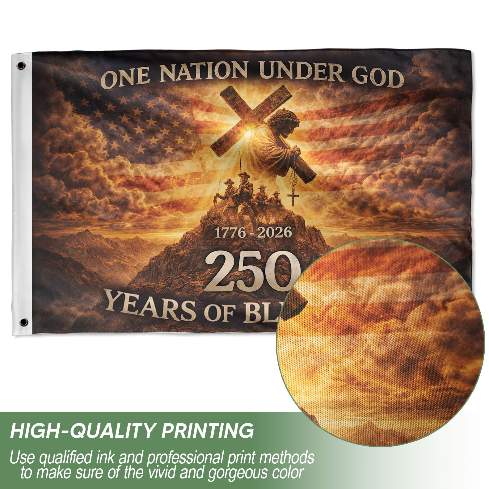 USA 250th Anniversary Flag 1776-2026 – One Nation Under God Christian Jesus & Soldiers Double Sided House Flag