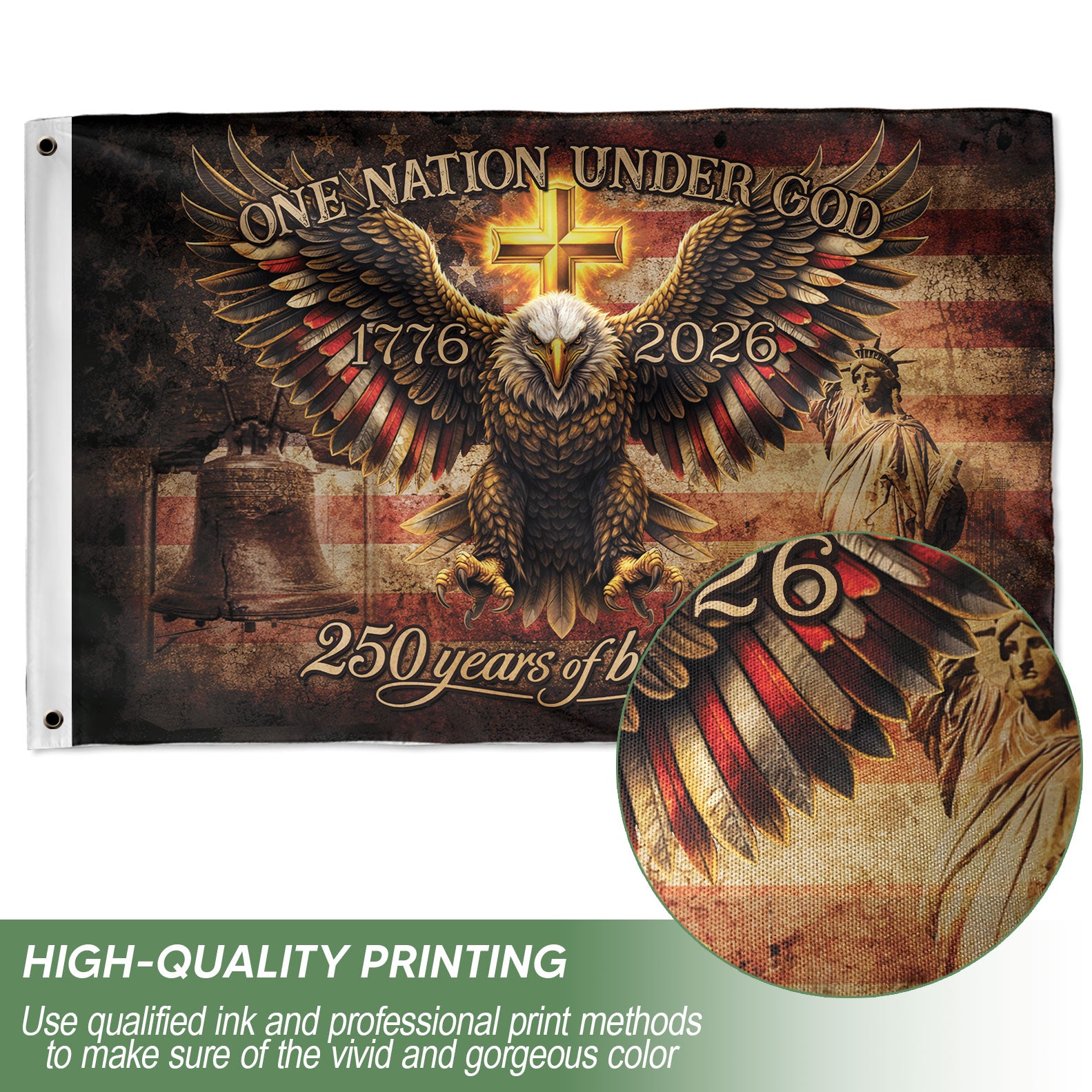 250 Years of Blessings USA Flag 1776-2026 – Patriotic Eagle & Liberty Bell Statue of Liberty Double Sided Outdoor Flag