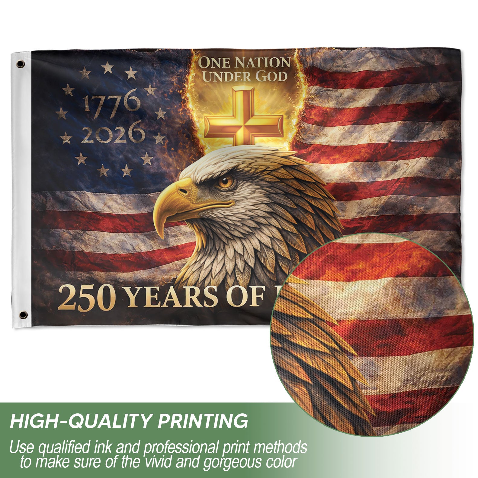 USA 250th Anniversary Eagle Flag 1776-2026 – One Nation Under God Christian Cross Double Sided Patriotic House Flag