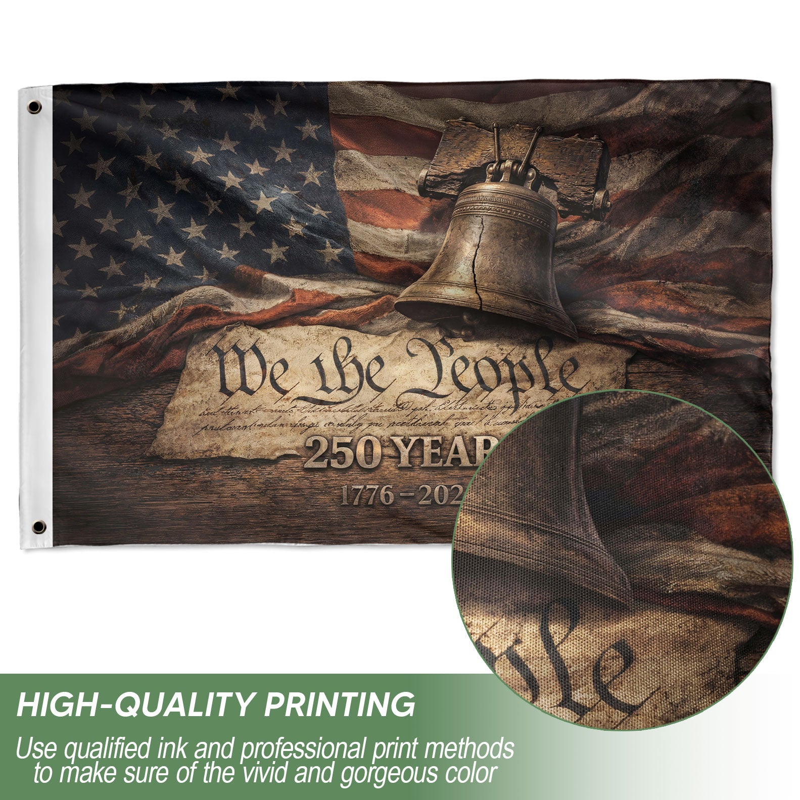 United States 250th Anniversary Flag 1776–2026 – Vintage Constitution & Liberty Bell Double Sided Patriotic Flag