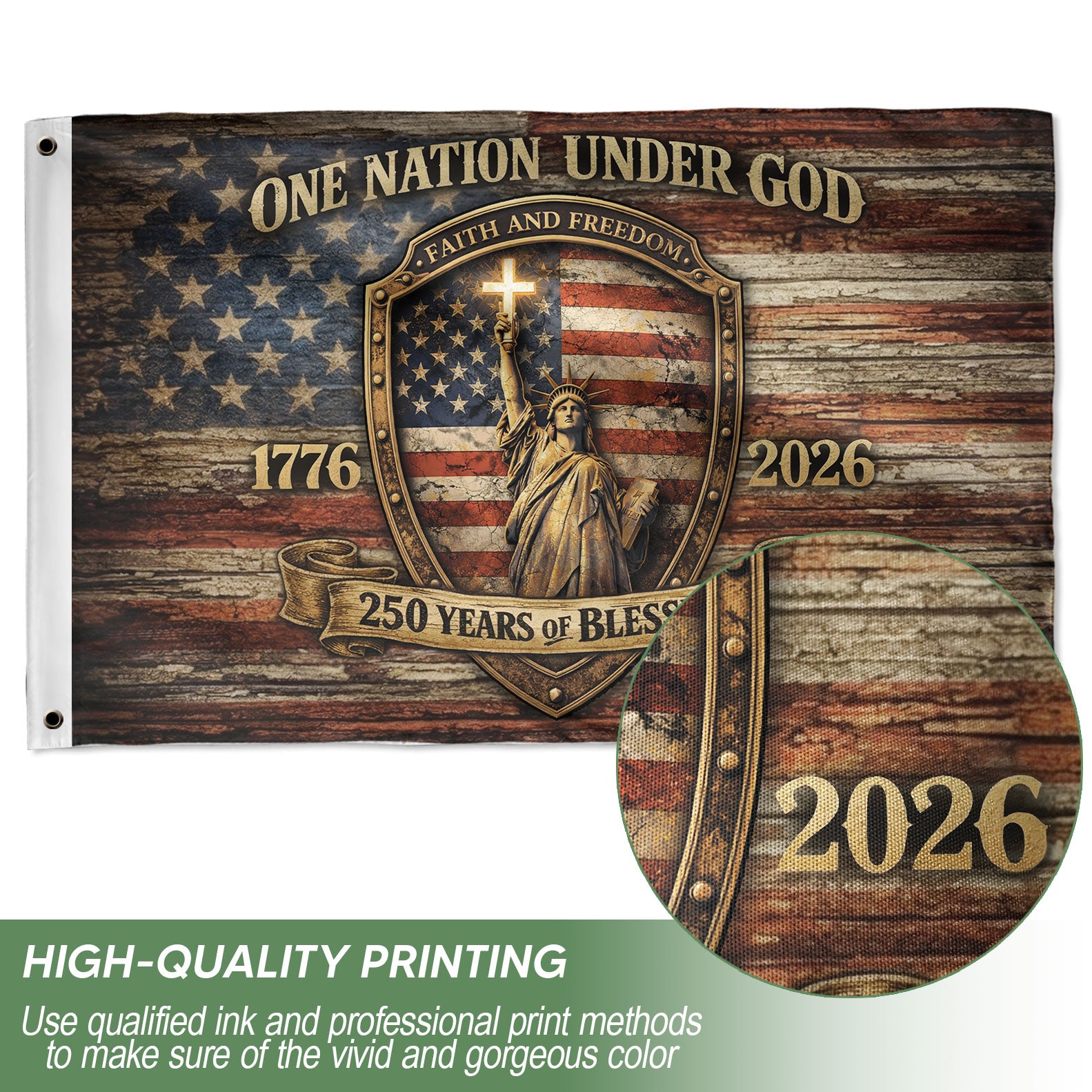 Christian Statue Liberty House Flag 250th Anniversary USA Flag One Nation Under God