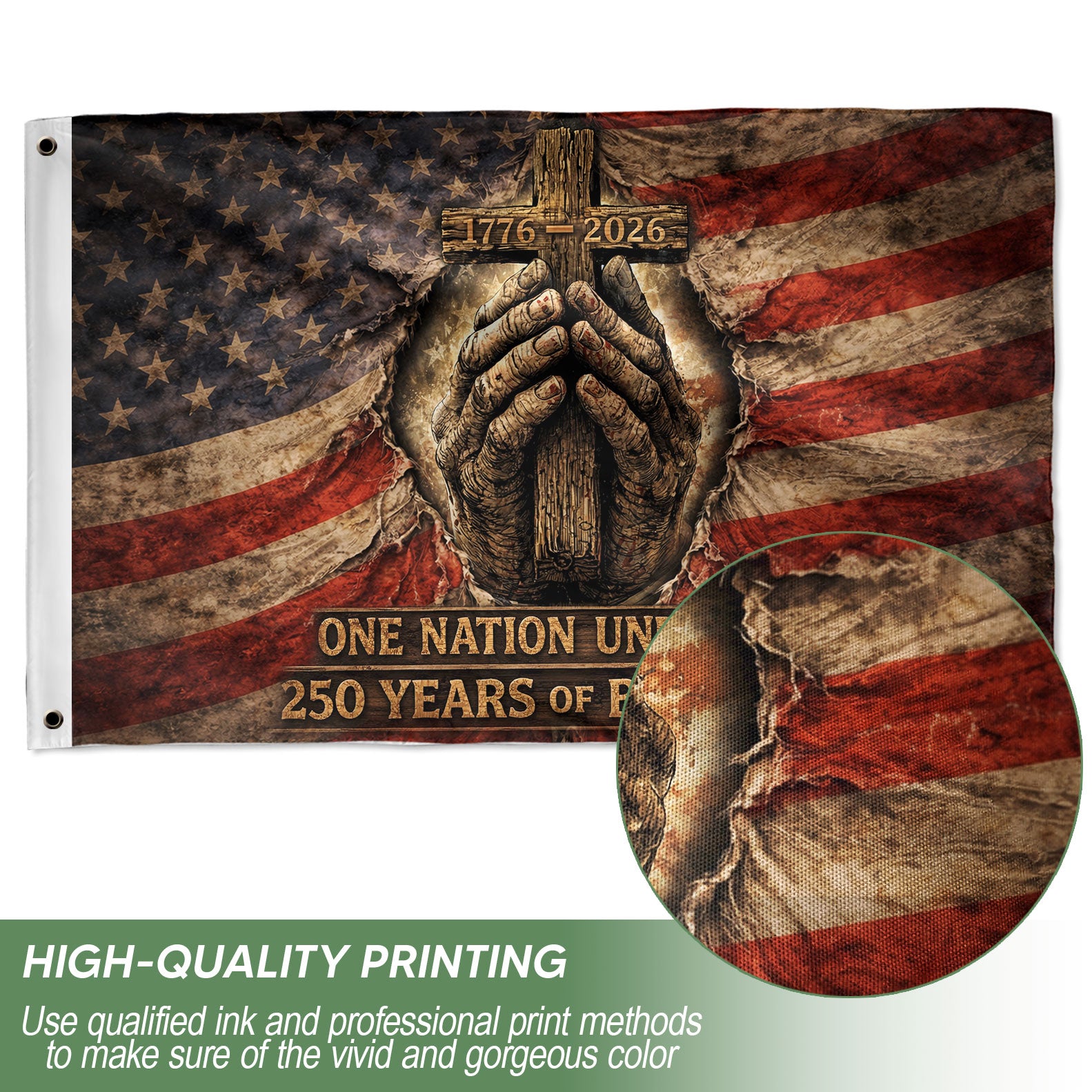 Christian Patriotic House Flag, Praying Hands Cross One Nation Under God Flag Decor