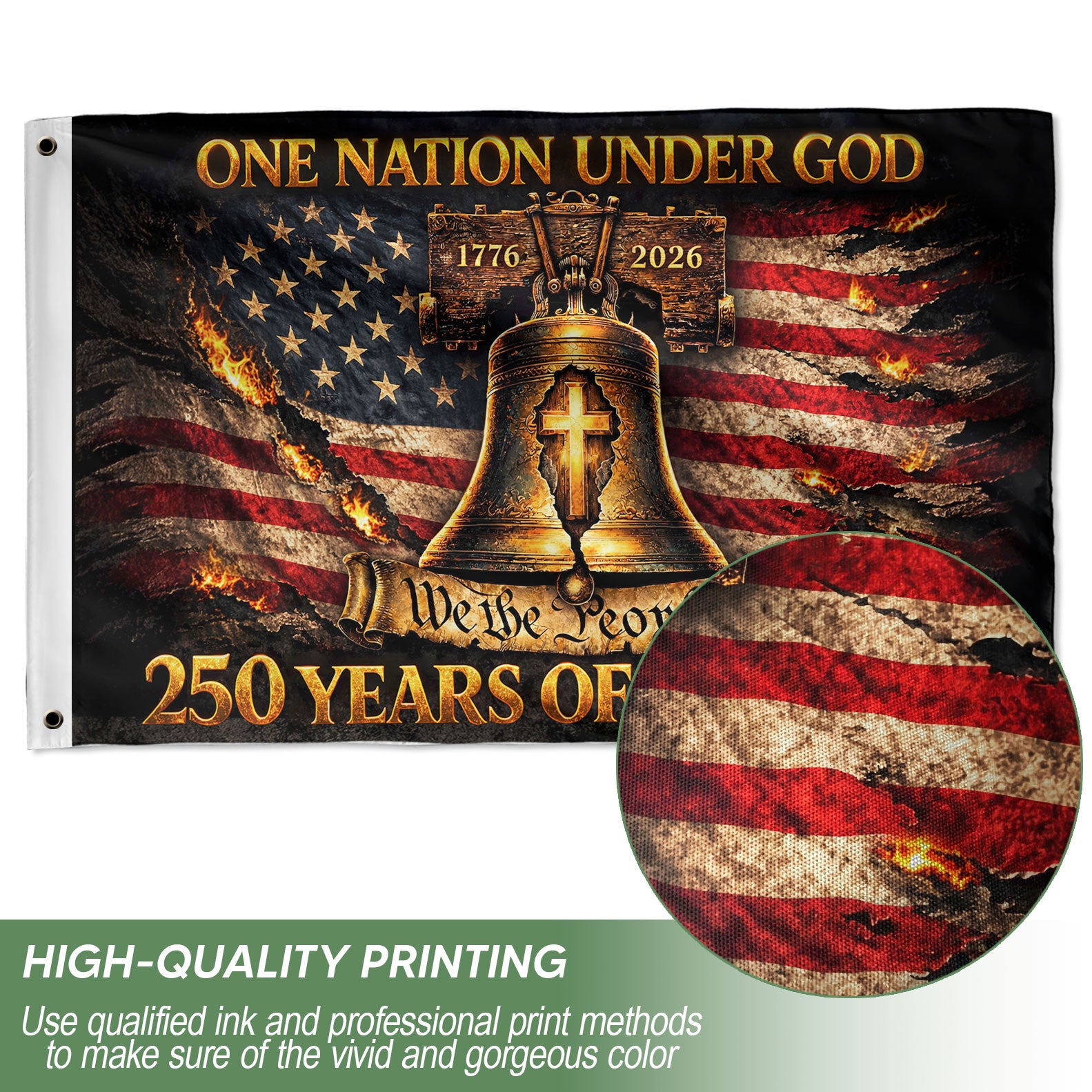 Patriotic Christian House Flag Liberty Bell Cross One Nation Under God We The People