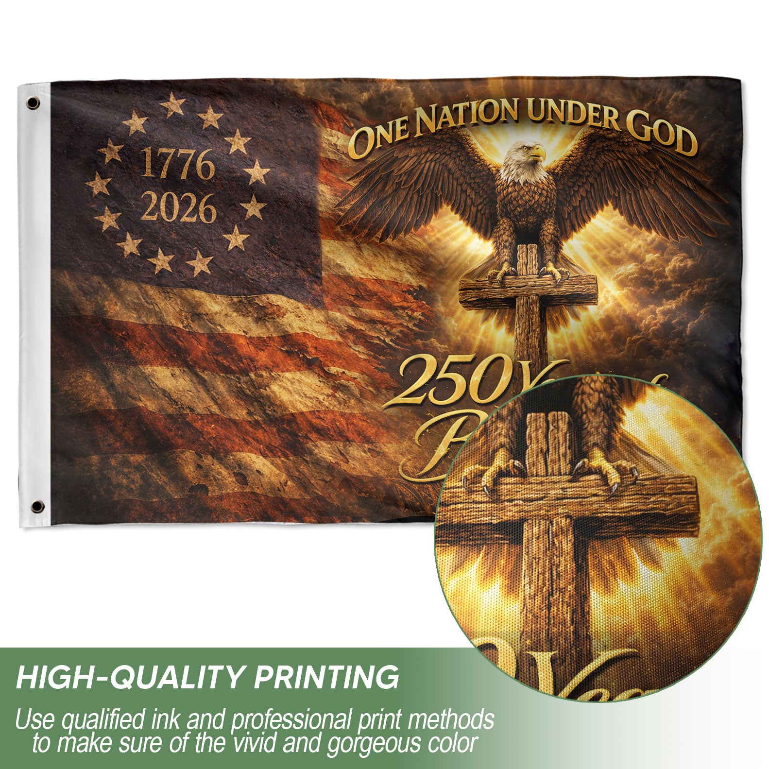 Patriotic Christian House Flag Eagle Cross One Nation Under God 1776–2026 Blessings Decor