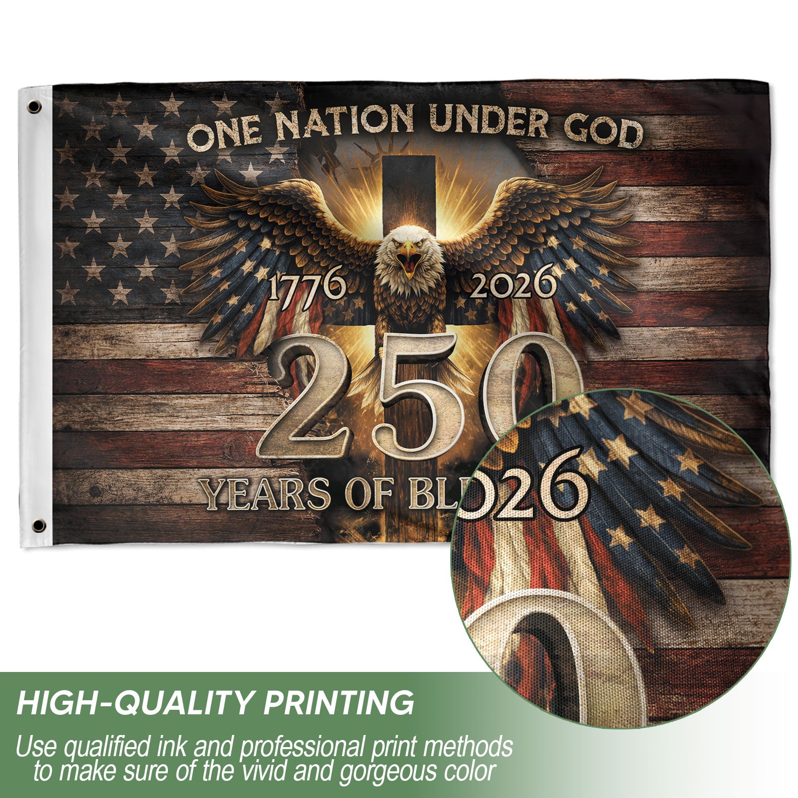 Patriotic Christian House Flag 250th Anniversary USA Flag 1776–2026 One Nation Under God Eagle Cross
