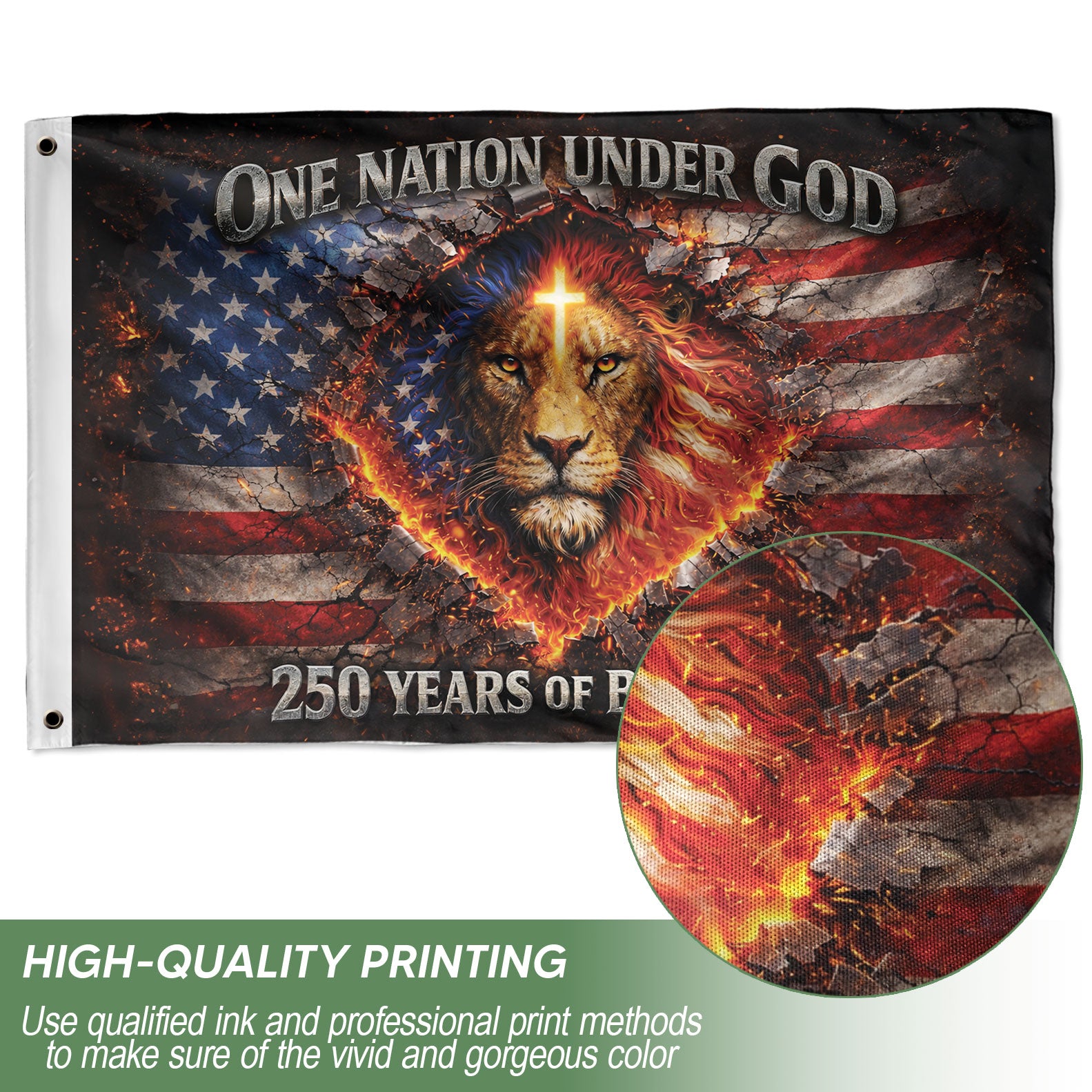 Christian Lion Cross Patriotic House Flag One Nation Under God 250th Anniversary USA Flag 1776–2026 Blessings Design