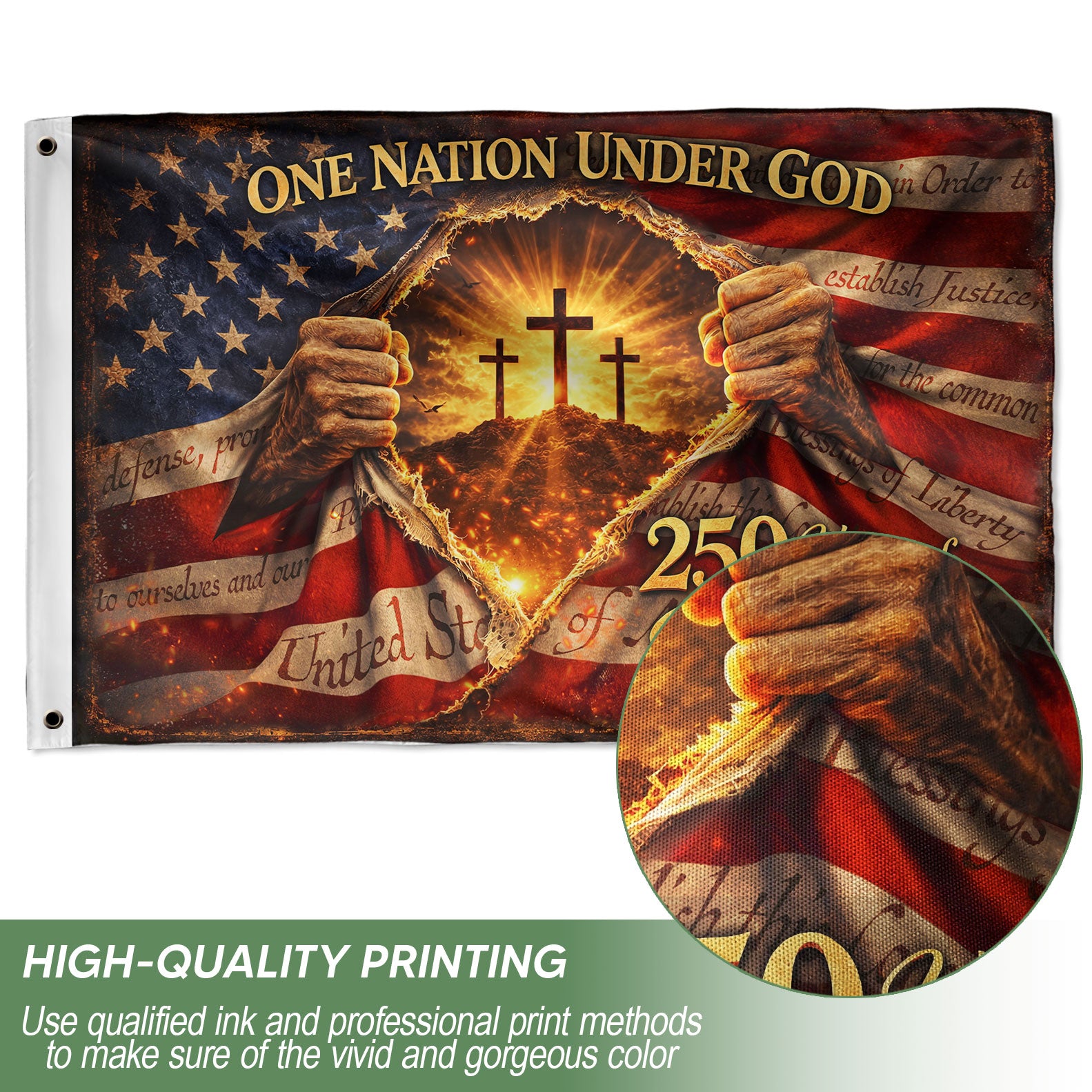 250 Years of Blessings Flag One Nation Under God Christian Three Crosses Patriotic Banner 3x5ft