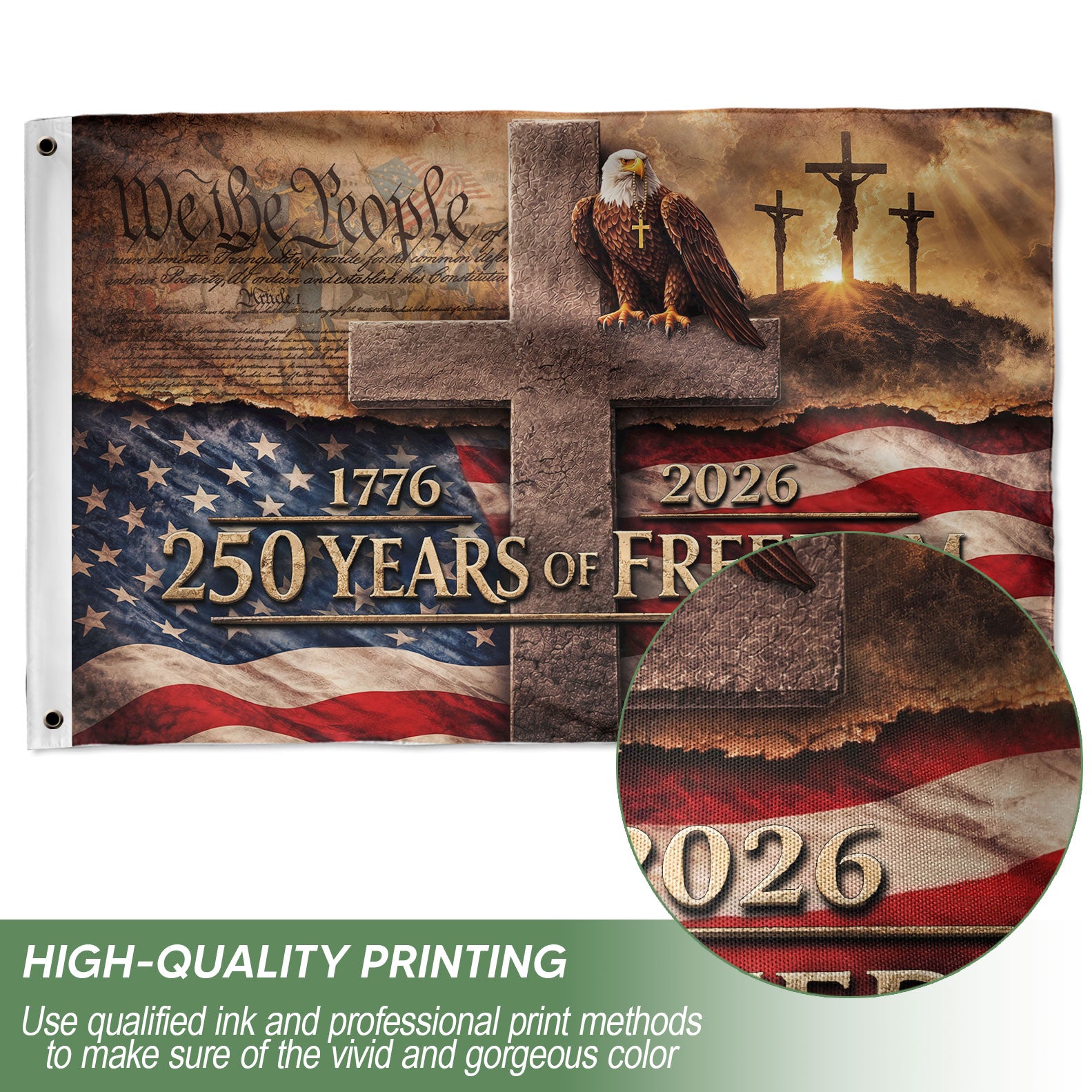 US 250 Years of Freedom Flag 3x5 ft Christian Cross Eagle 1776-2026 Patriotic Banner - Rust Field Wear