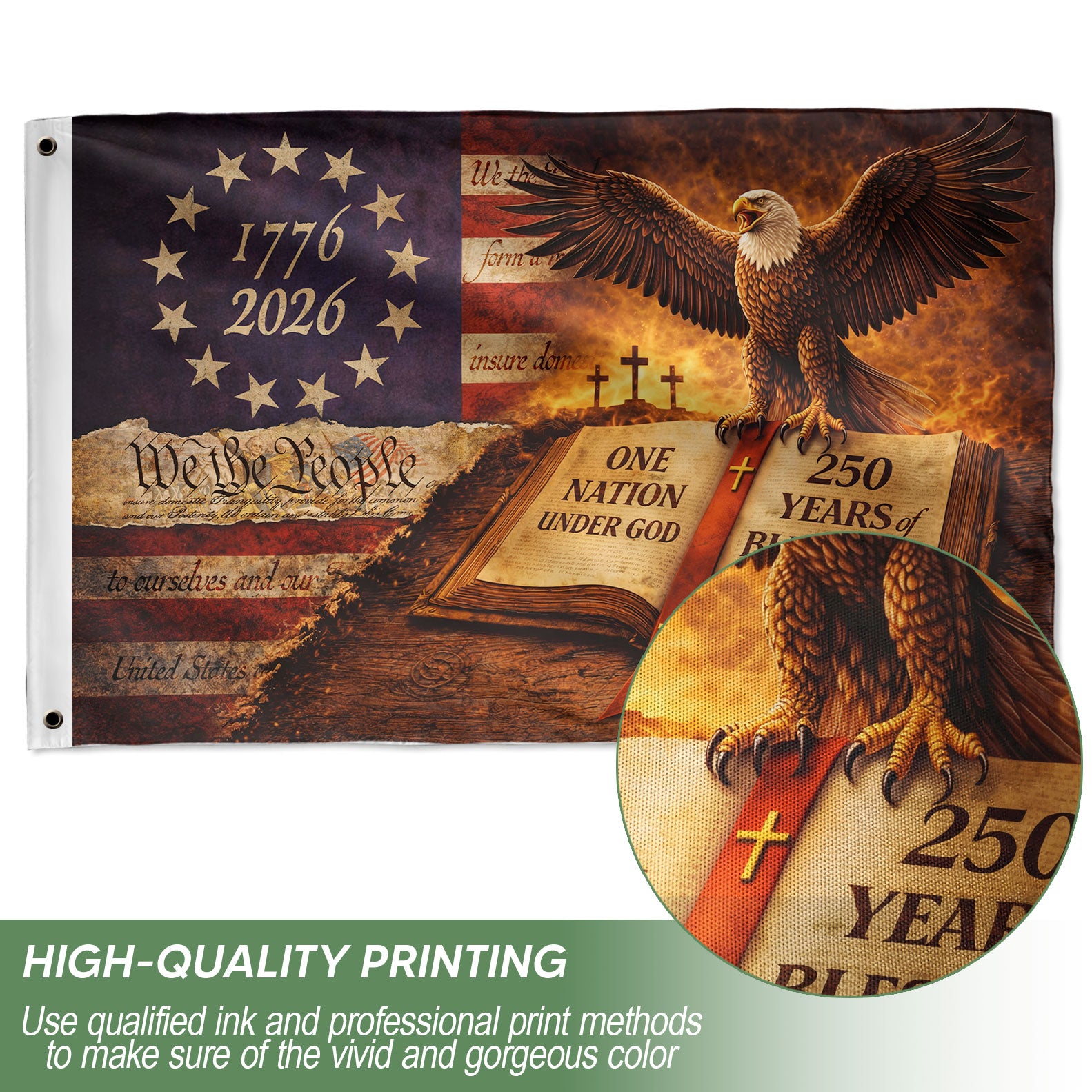 We The People 250th Anniversary USA House Flag Eagle Bible Cross 1776–2026 Patriotic Blessing Flag