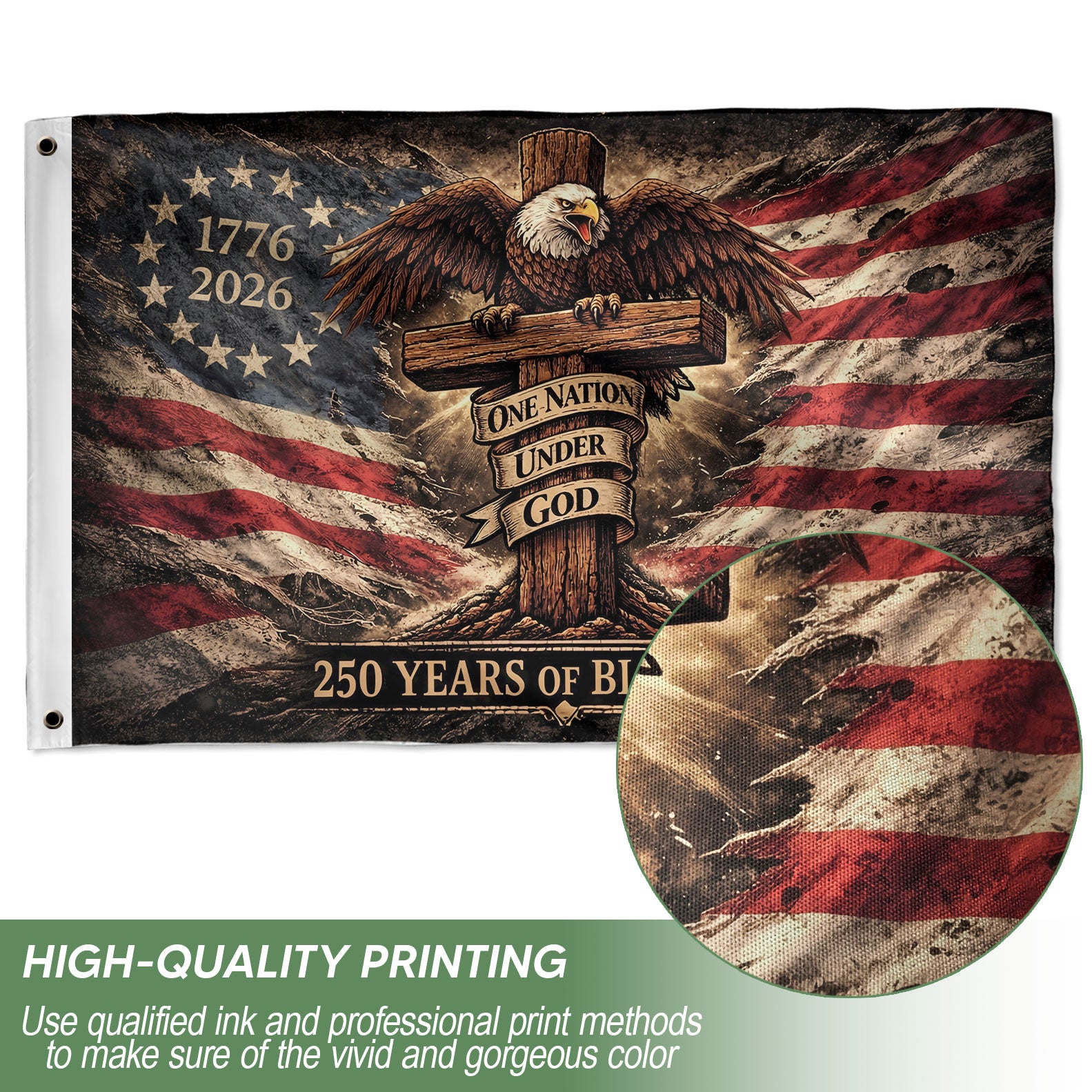 Patriotic Christian House Flag One Nation Under God Eagle Cross 250 Years Blessings 1776-2026