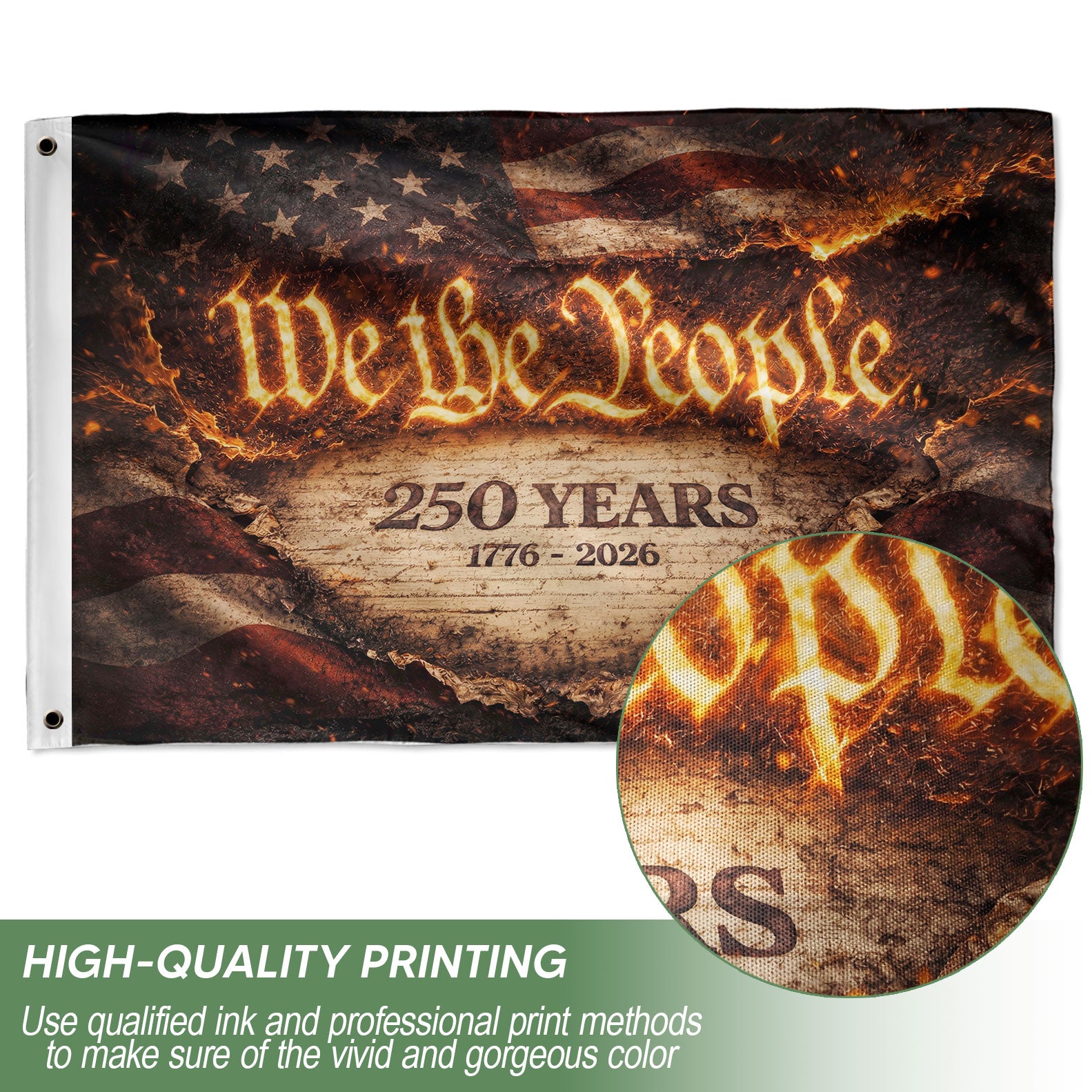 US 250 Years Flag 3x5 ft We The People 1776-2026 Fire Patriotic American Banner