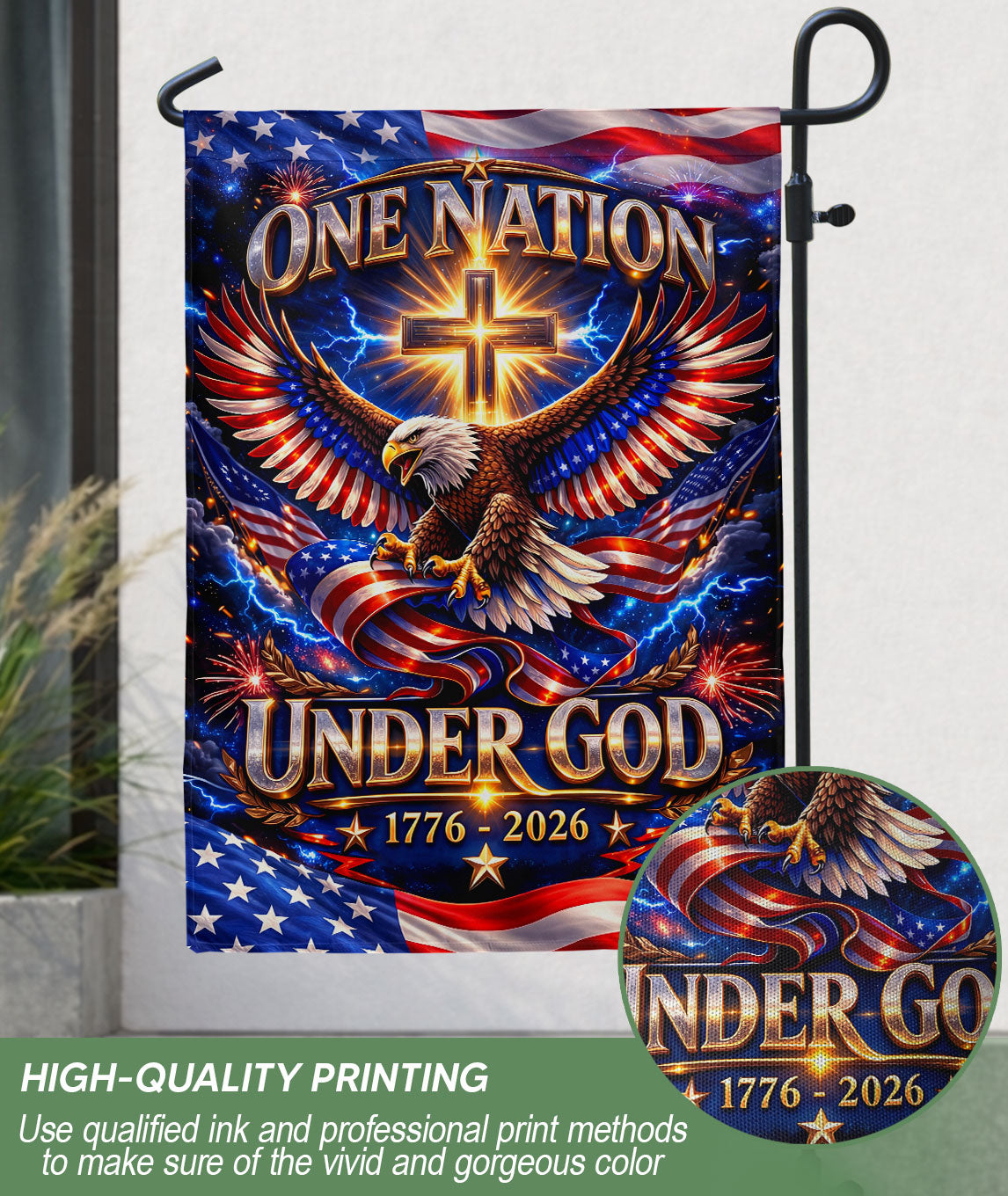 Christian One Nation Under God 250th Anniversary USA Garden Flag 1776–2026 Eagle Cross Patriotic Faith Design