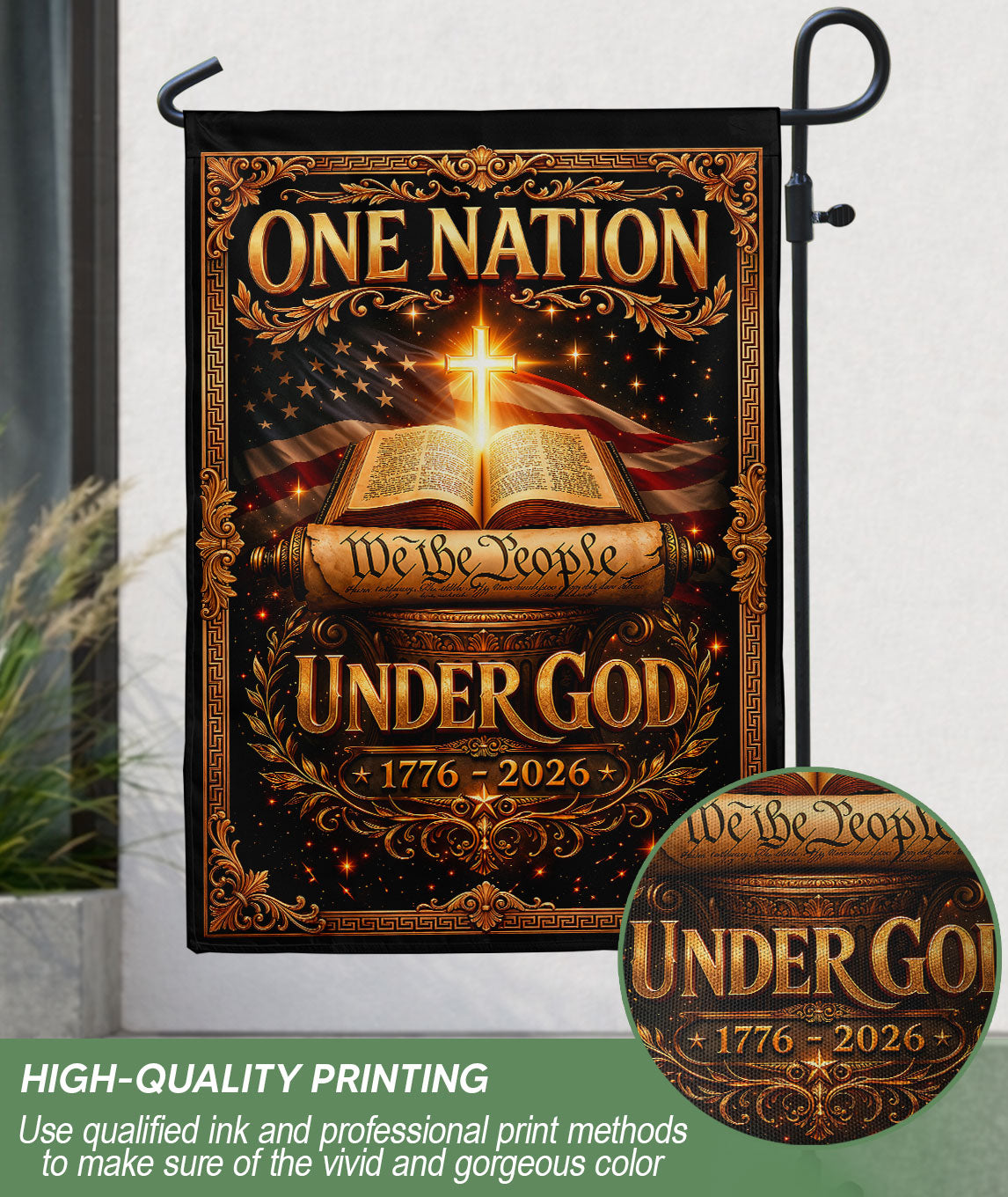 Christian One Nation Under God 250th Anniversary USA Garden Flag 1776–2026 Bible Cross We The People Patriotic Design