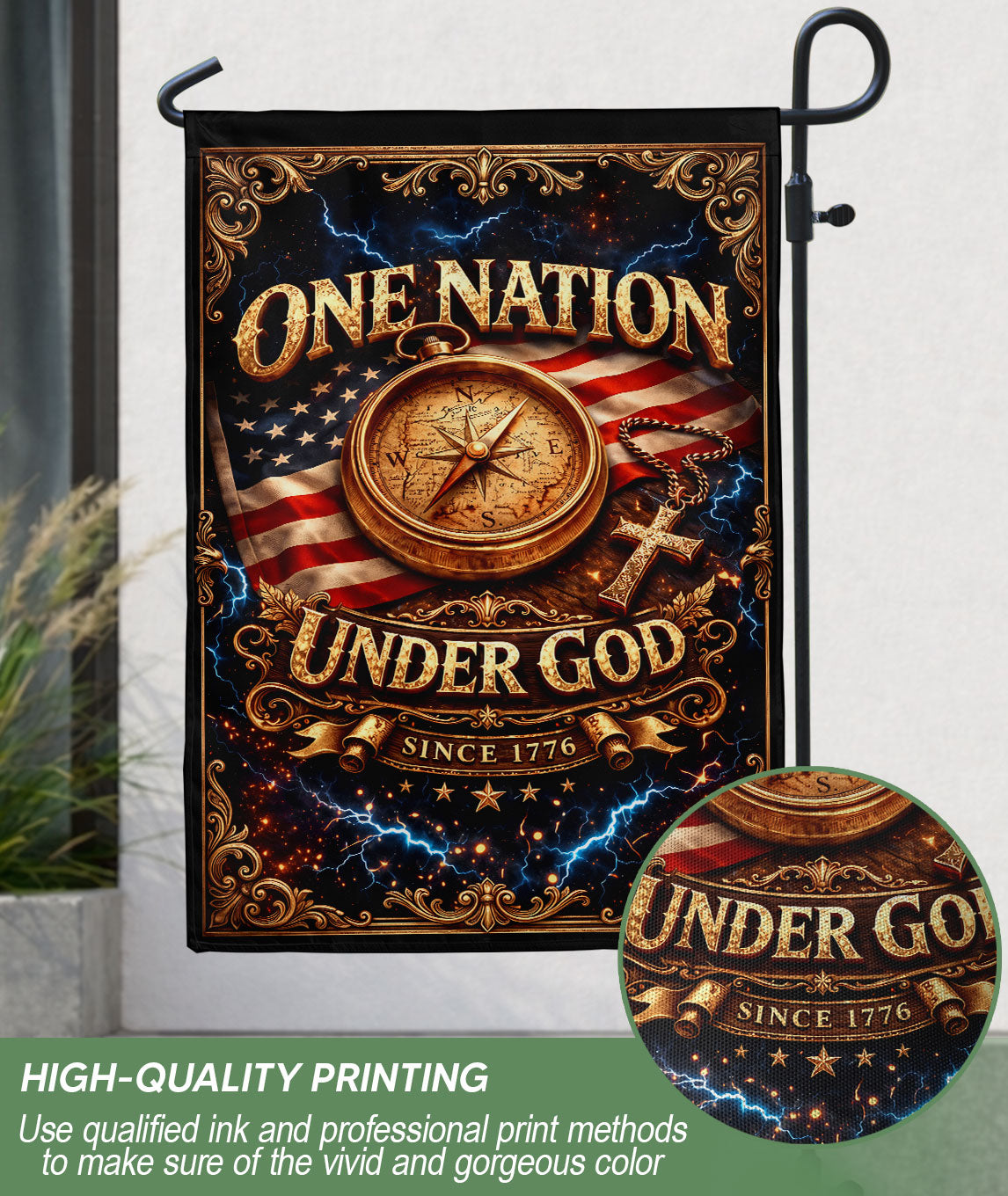 Christian One Nation Under God Since 1776 250th Anniversary USA Garden Flag Compass Cross Patriotic Design