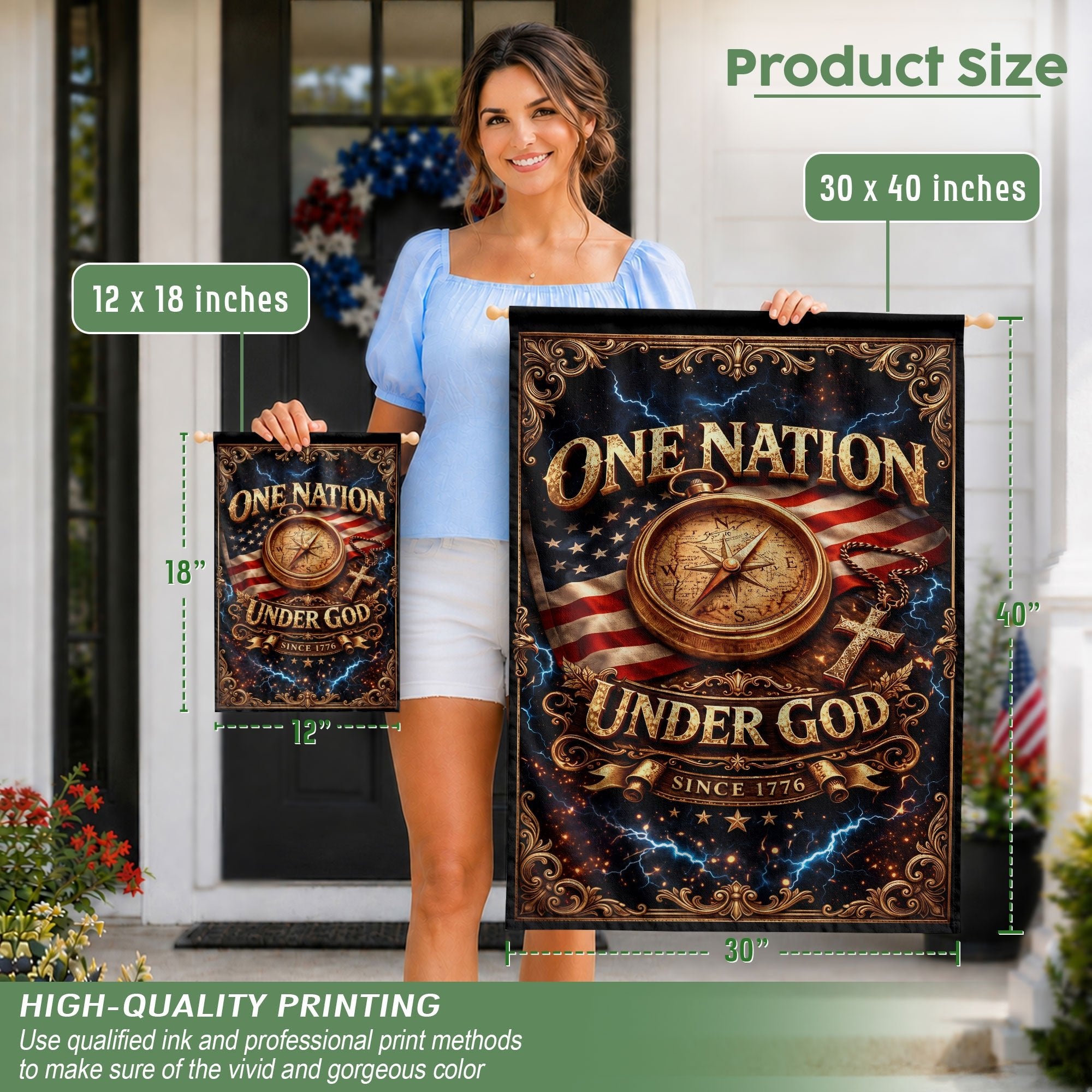 Christian One Nation Under God Since 1776 250th Anniversary USA Garden Flag Compass Cross Patriotic Design - Rust Field Wear