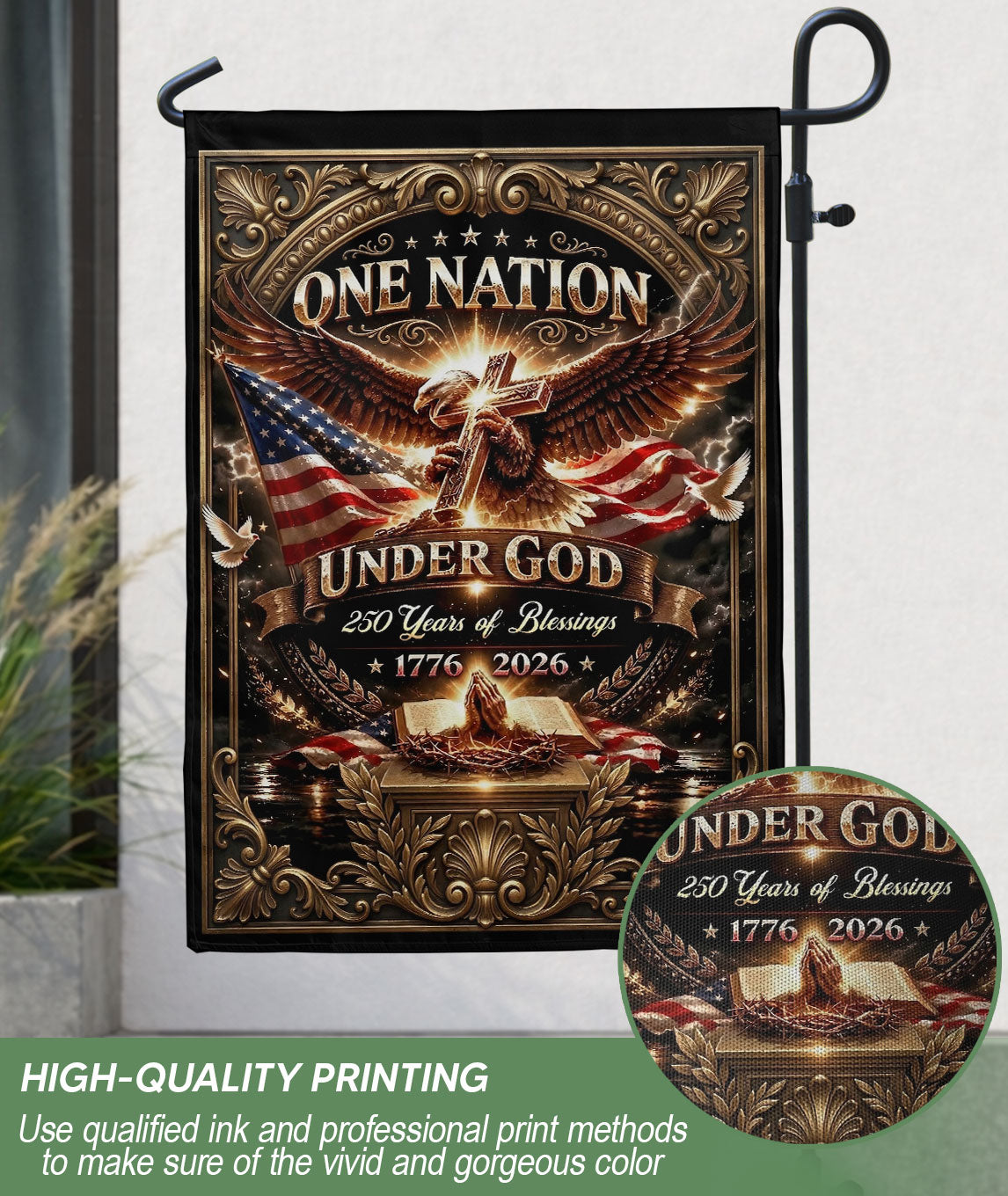 Christian One Nation Under God 250 Years of Blessings USA Garden Flag 1776–2026 Eagle Cross Patriotic Faith Banner