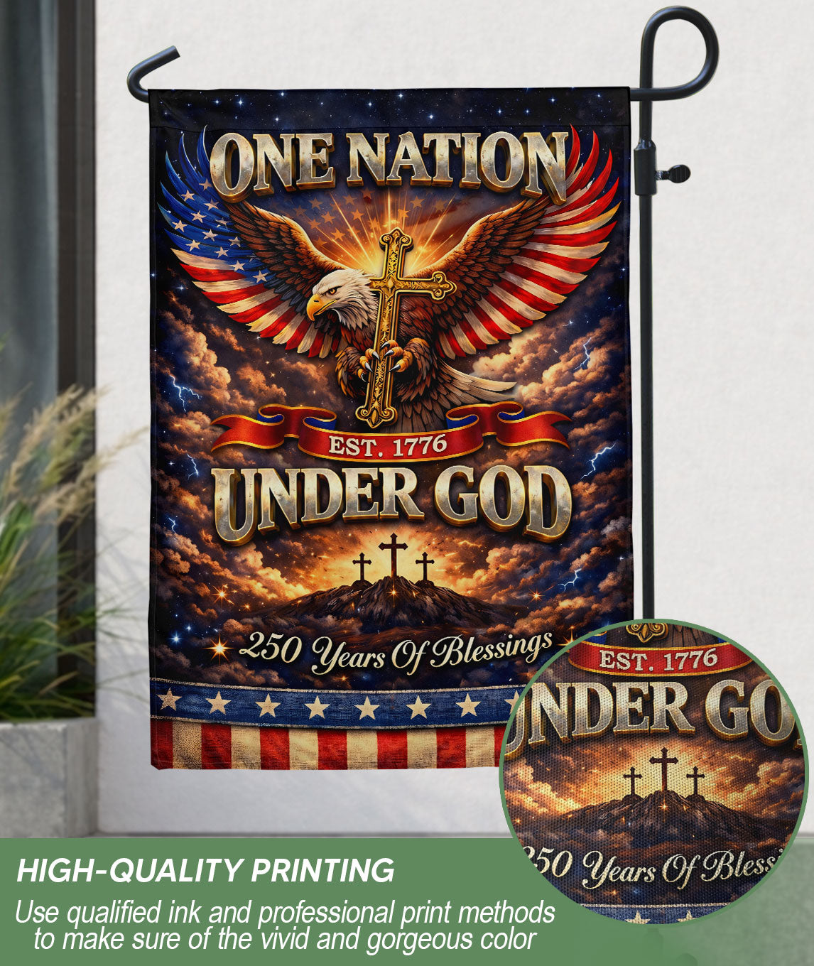 Christian One Nation Under God Est 1776 250th Anniversary USA House Flag Eagle Cross Patriotic Faith Banner