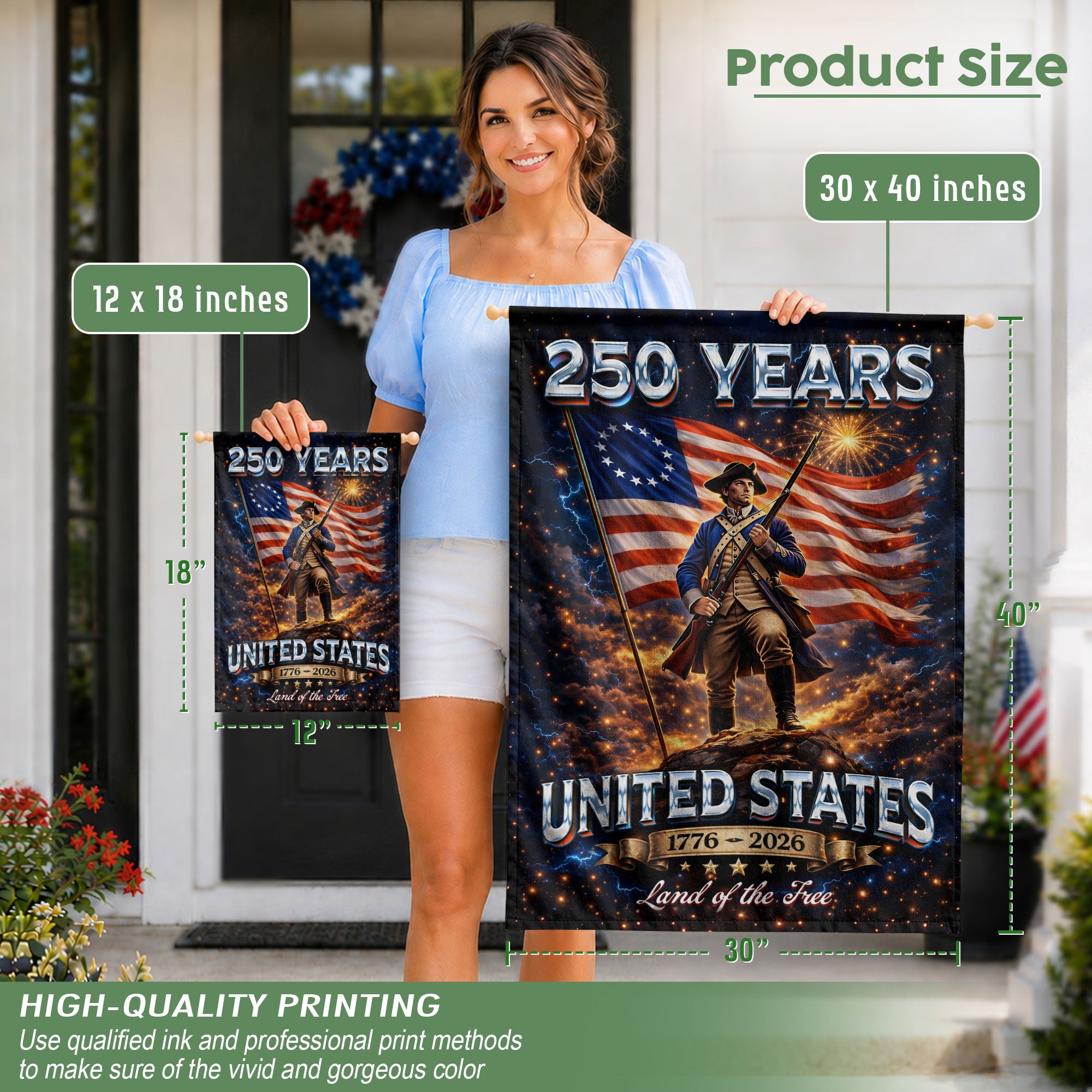 250 Years United States House Flag Patriotic Soldier 1776 - 2026 Land of the Free Banner