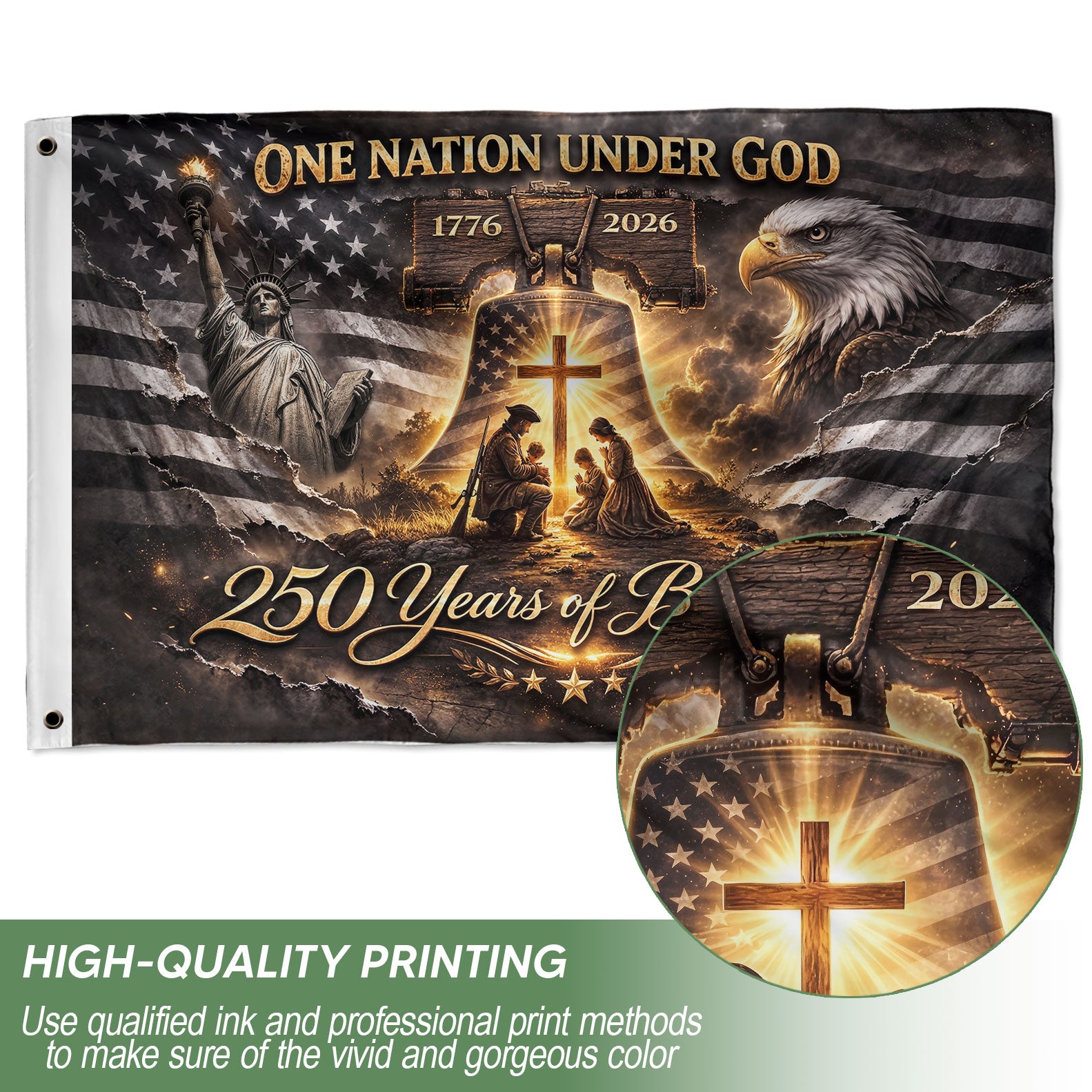 Liberty Bell Patriotic House Flag 1776-2026 One Nation Under God 250 Years of Blessings