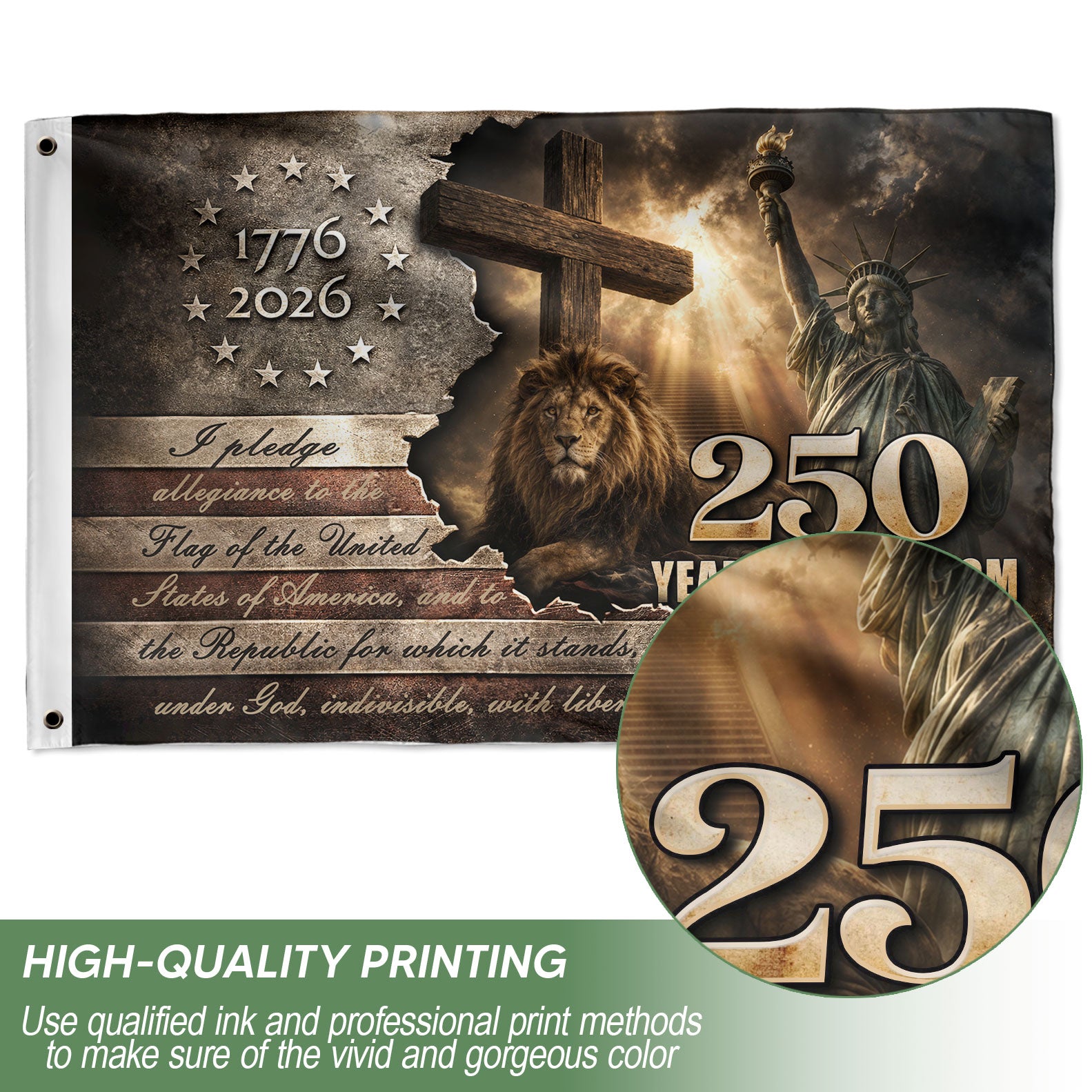 Patriotic Lion Cross House Flag 1776-2026 One Nation Under God 250 Years of Freedom Gift