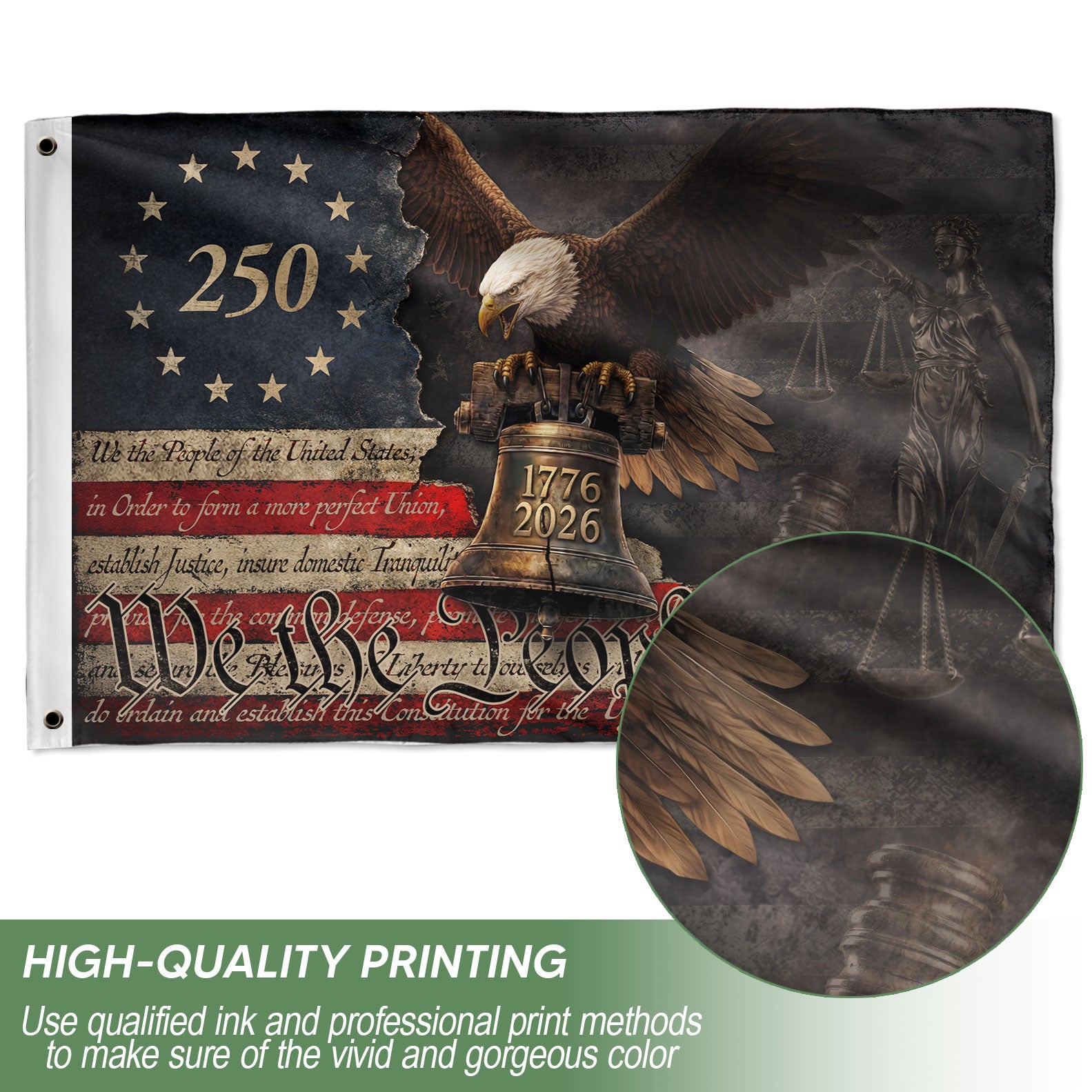 US 250th Anniversary Flag 3x5 ft We The People 1776-2026 Liberty Bell Patriotic Decor - Rust Field Wear