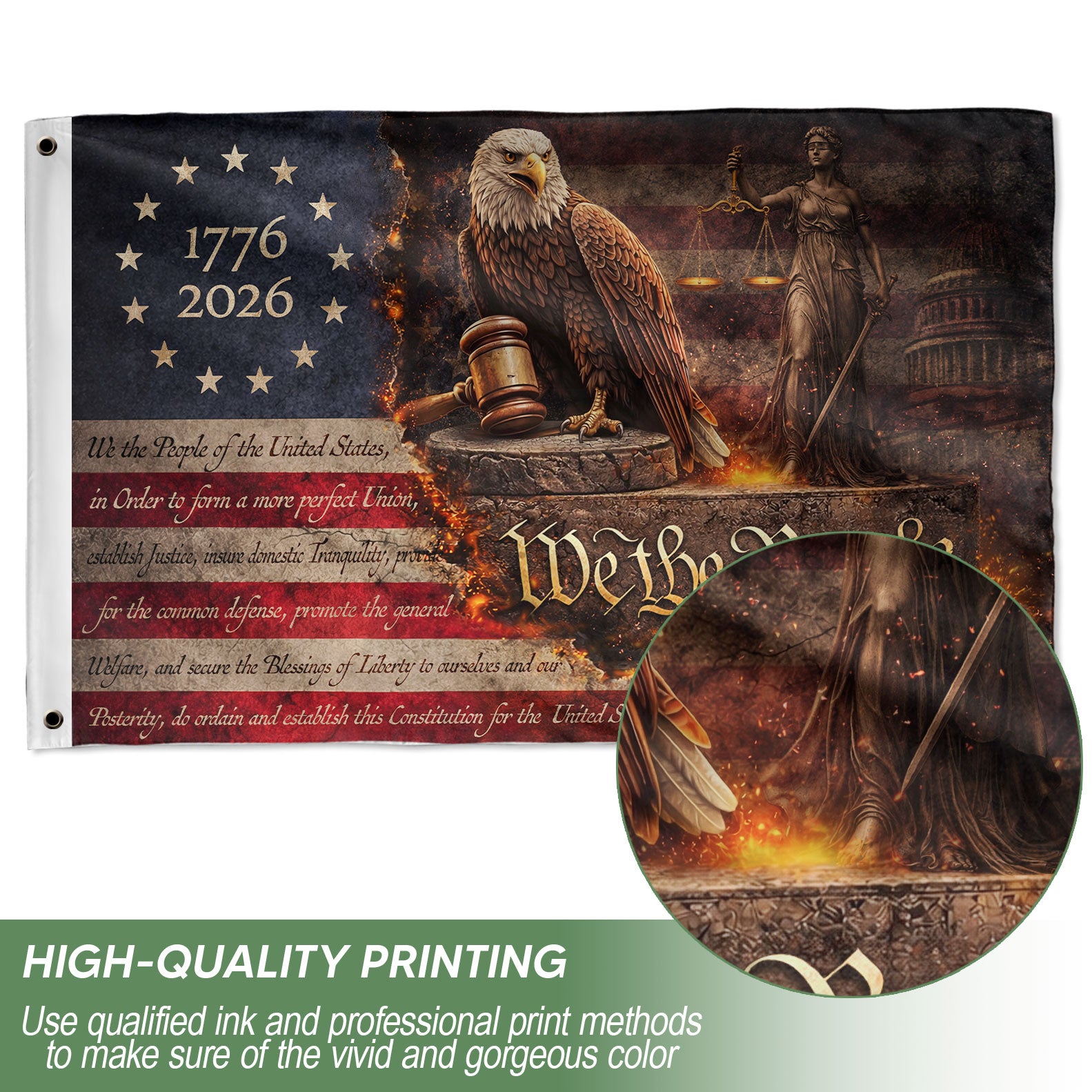 Lady Justice House Flag 1776-2026 Patriotic Eagle Shield We The People 250 Years Decor