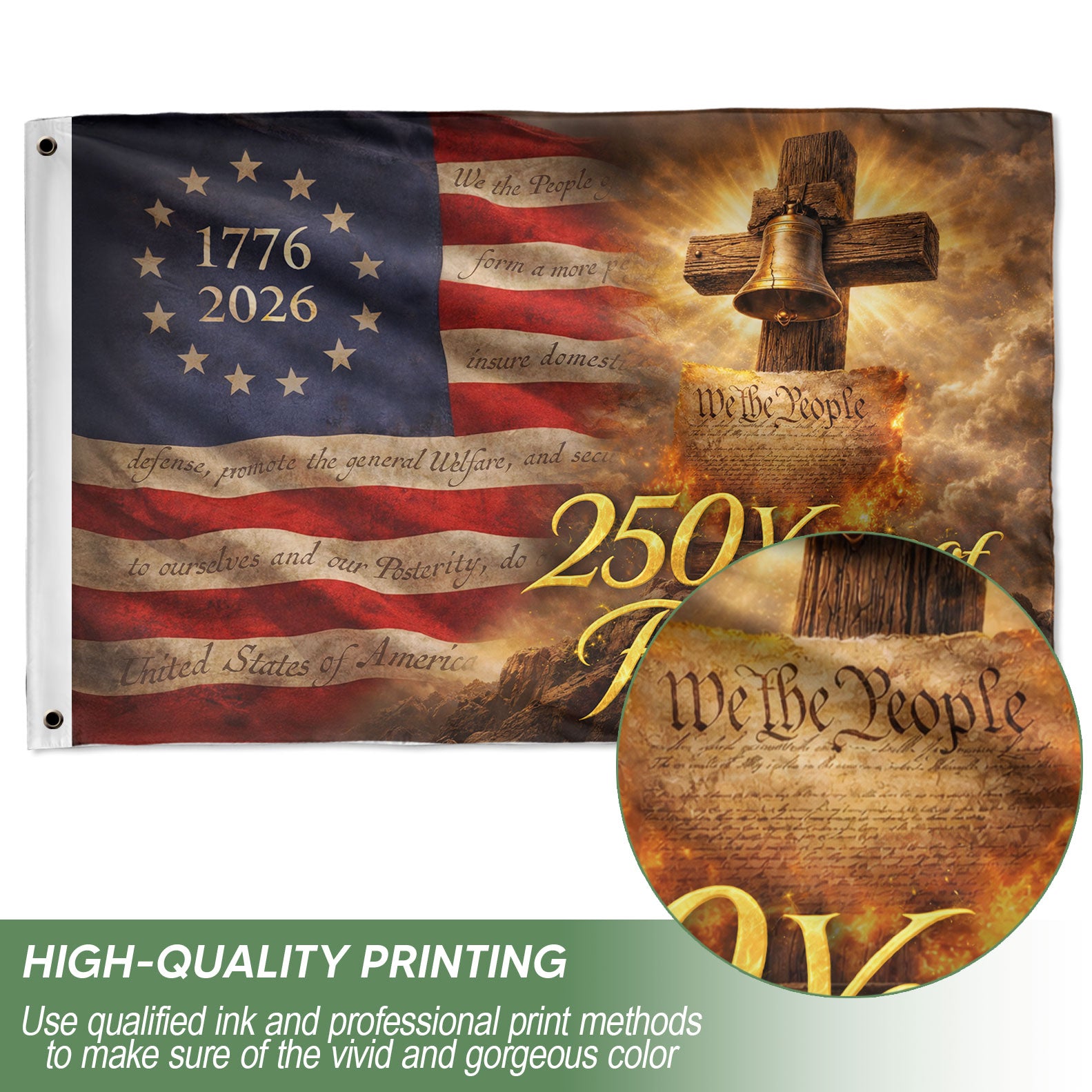 USA 250 Years of Freedom Flag - Liberty Bell & Cross Patriotic Outdoor Banner 1776-2026