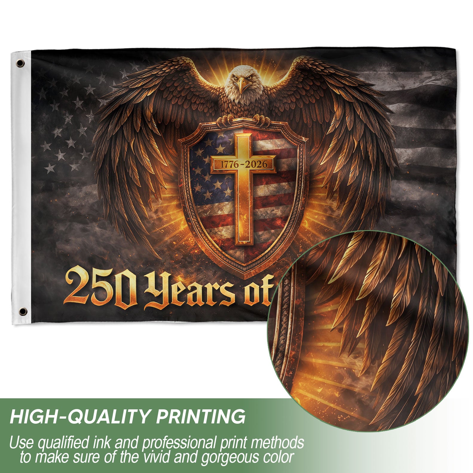 USA 250 Years of Freedom Flag - Patriotic Shield & Cross Outdoor Banner 1776-2026