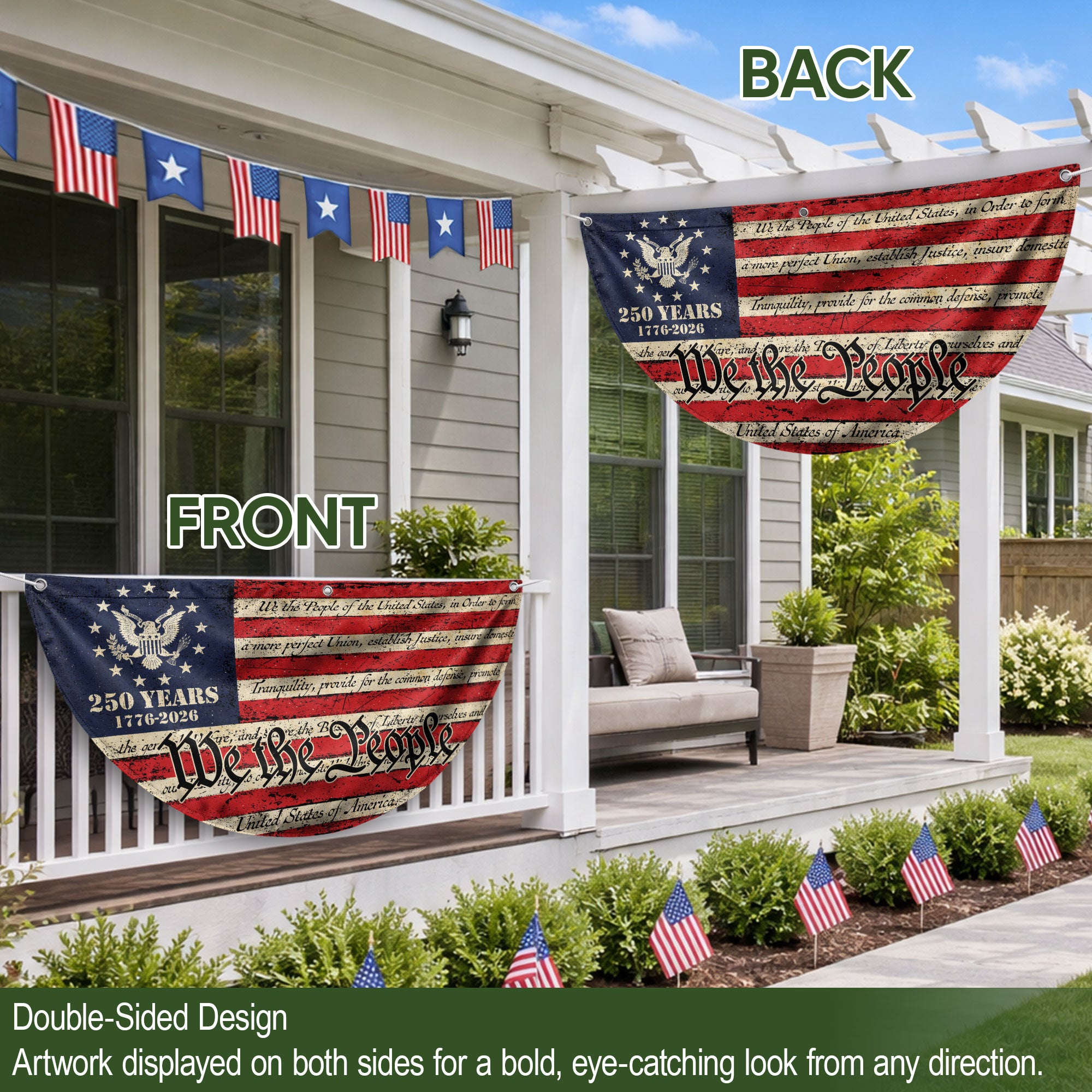 250th Anniversary USA Flag Fence Banner - Patriotic We The People Design for 2026 Celebration