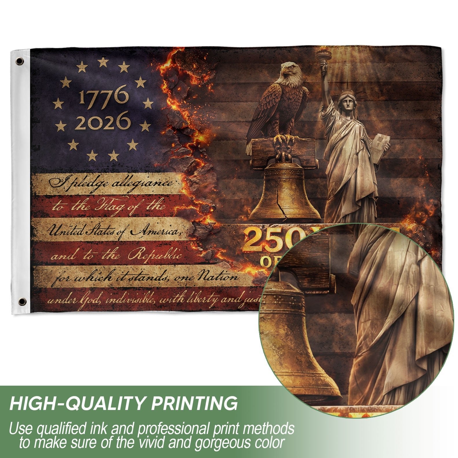 Patriotic House Flag 250 Years of Freedom Eagle Liberty Bell Statue Outdoor Decor - Rust Field Wear