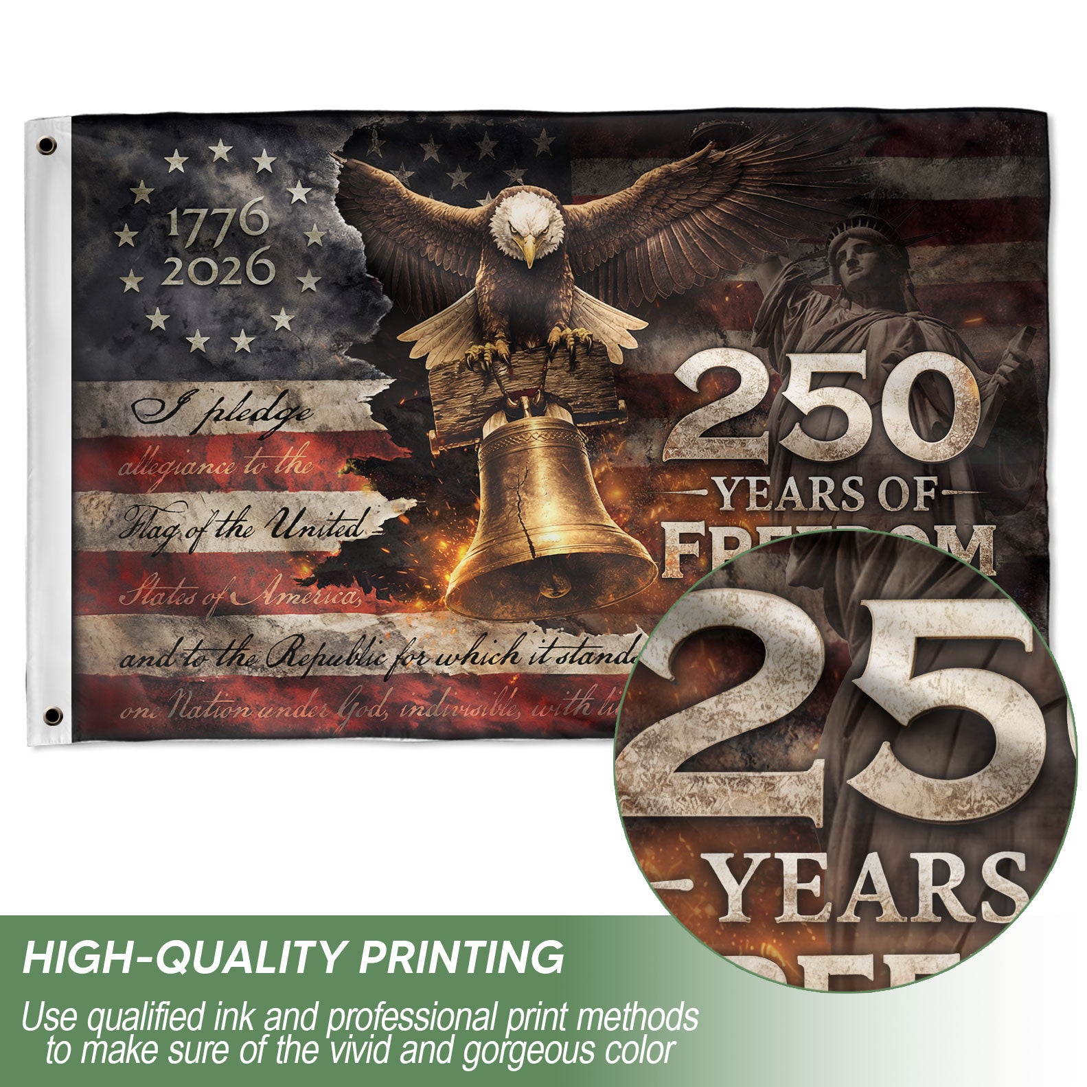 Patriotic Freedom House Flag 250 Years Eagle Liberty Bell Vintage American Outdoor - Rust Field Wear