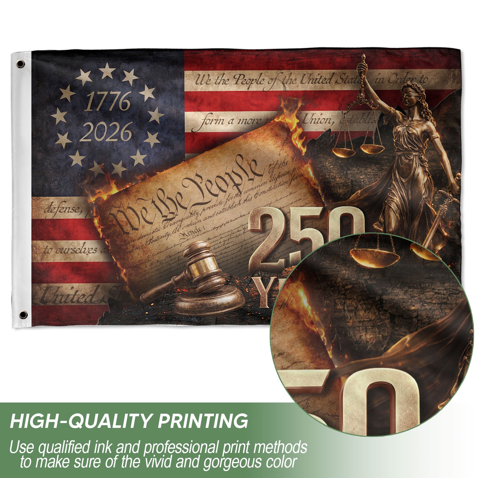 Lady Justice House Flag 1776-2026 We The People 250 Years of Freedom Patriotic Decor - Rust Field Wear