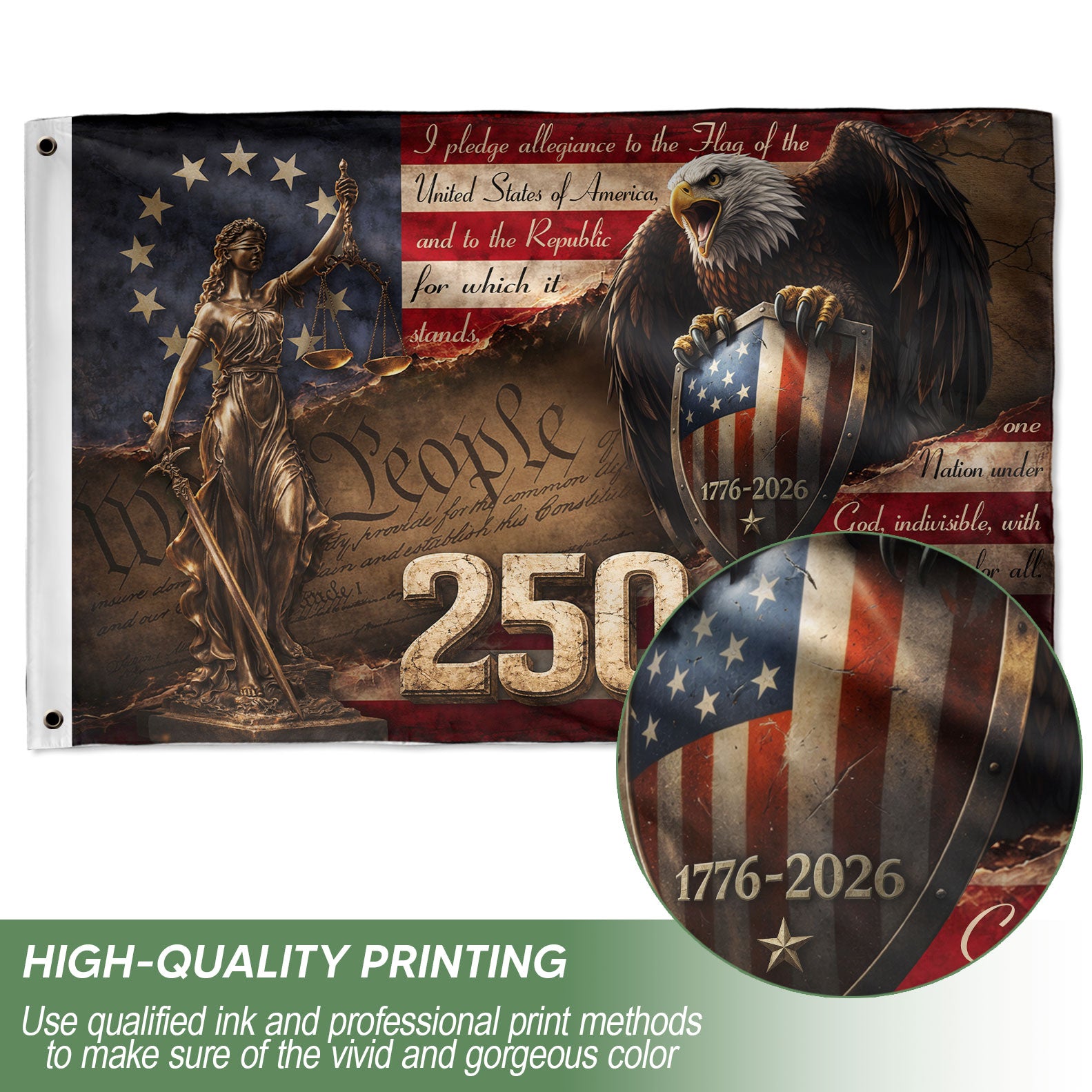 US 250 Years Flag 3x5 ft Lady Justice Eagle Shield 1776-2026 Patriotic American Banner - Rust Field Wear