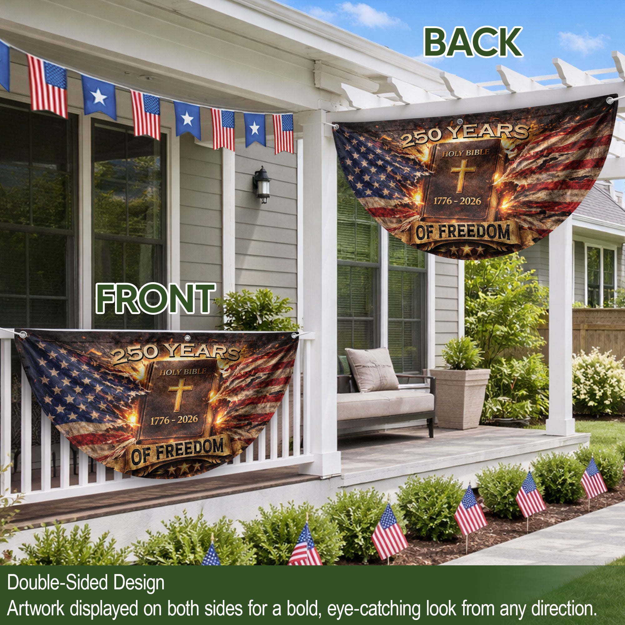 Fence Flag USA 250th Anniversary 1776–2026 Christian Cross Bible Patriotic Banner 250 Year American Freedom Flag