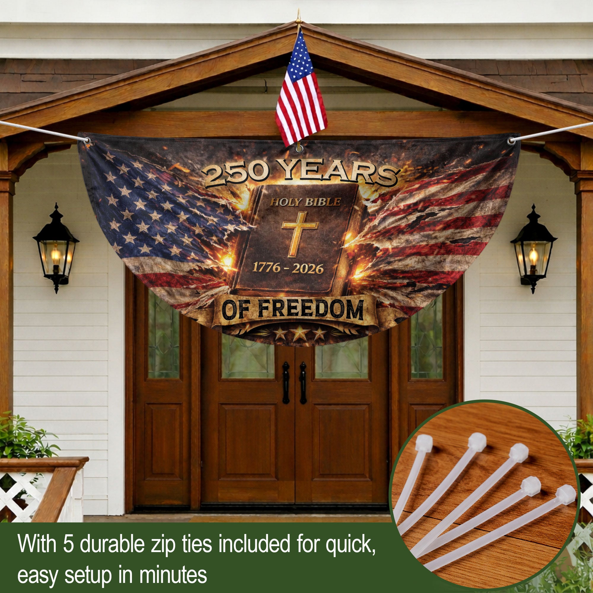 Fence Flag USA 250th Anniversary 1776–2026 Christian Cross Bible Patriotic Banner 250 Year American Freedom Flag