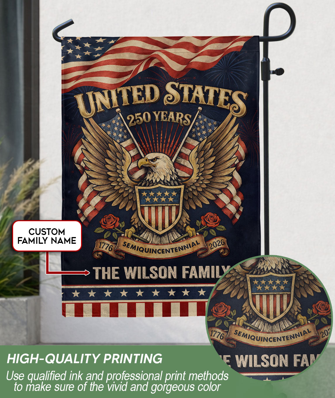 United States 250 Years Patriotic Garden Flag Custom Family Name Eagle Outdoor Decor