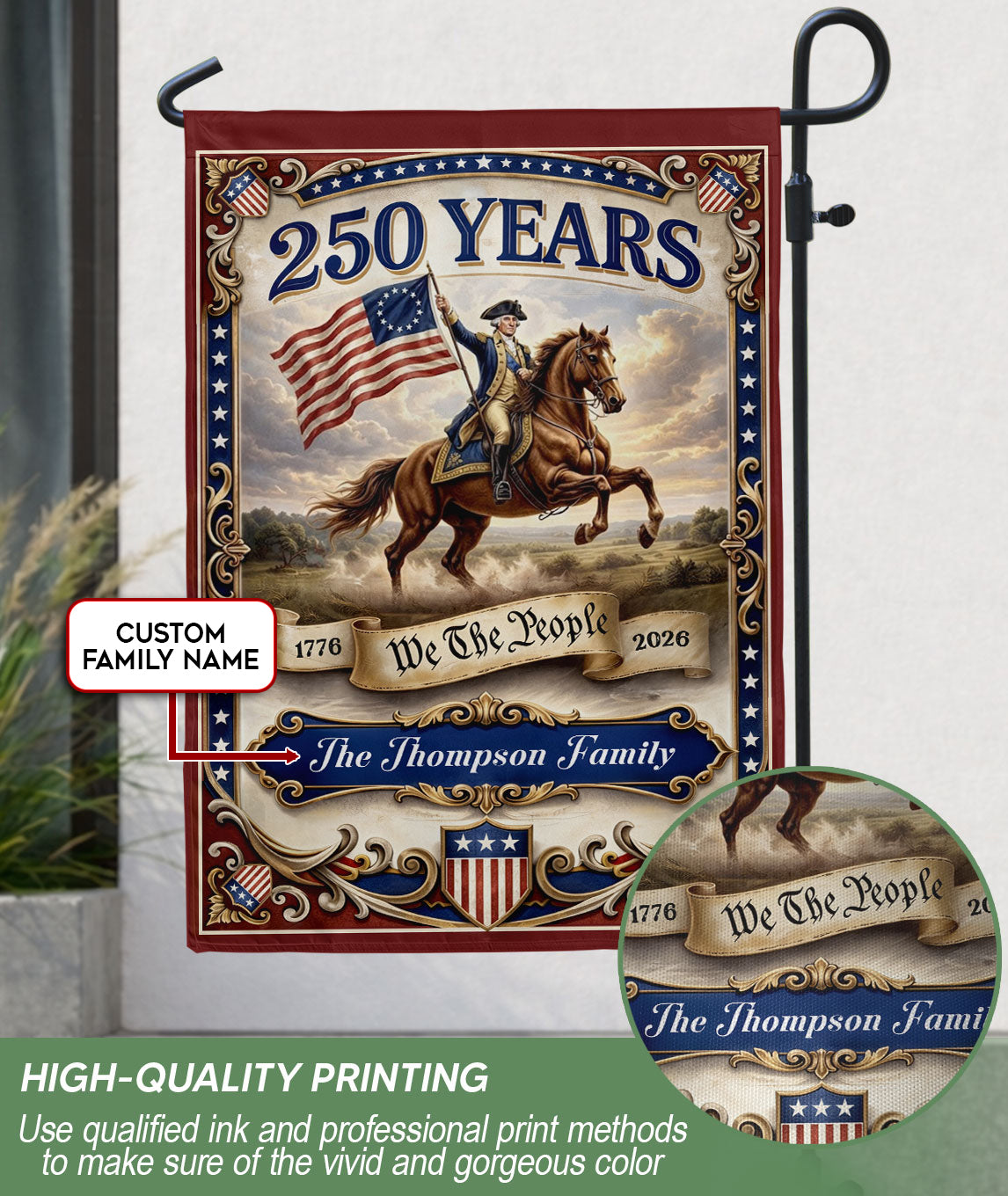 George Washington Horseback Garden Flag Custom Family Name 250 Years Freedom 1776-2026 Patriotic Decor