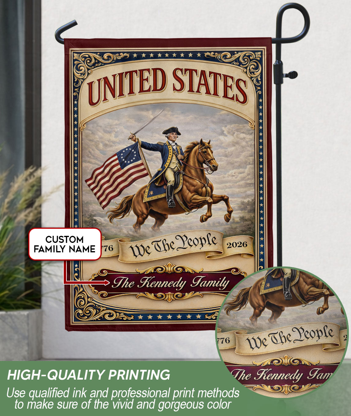 United States 250 Years Garden Flag Custom Family Name George Washington 1776 2026 Patriotic Decor