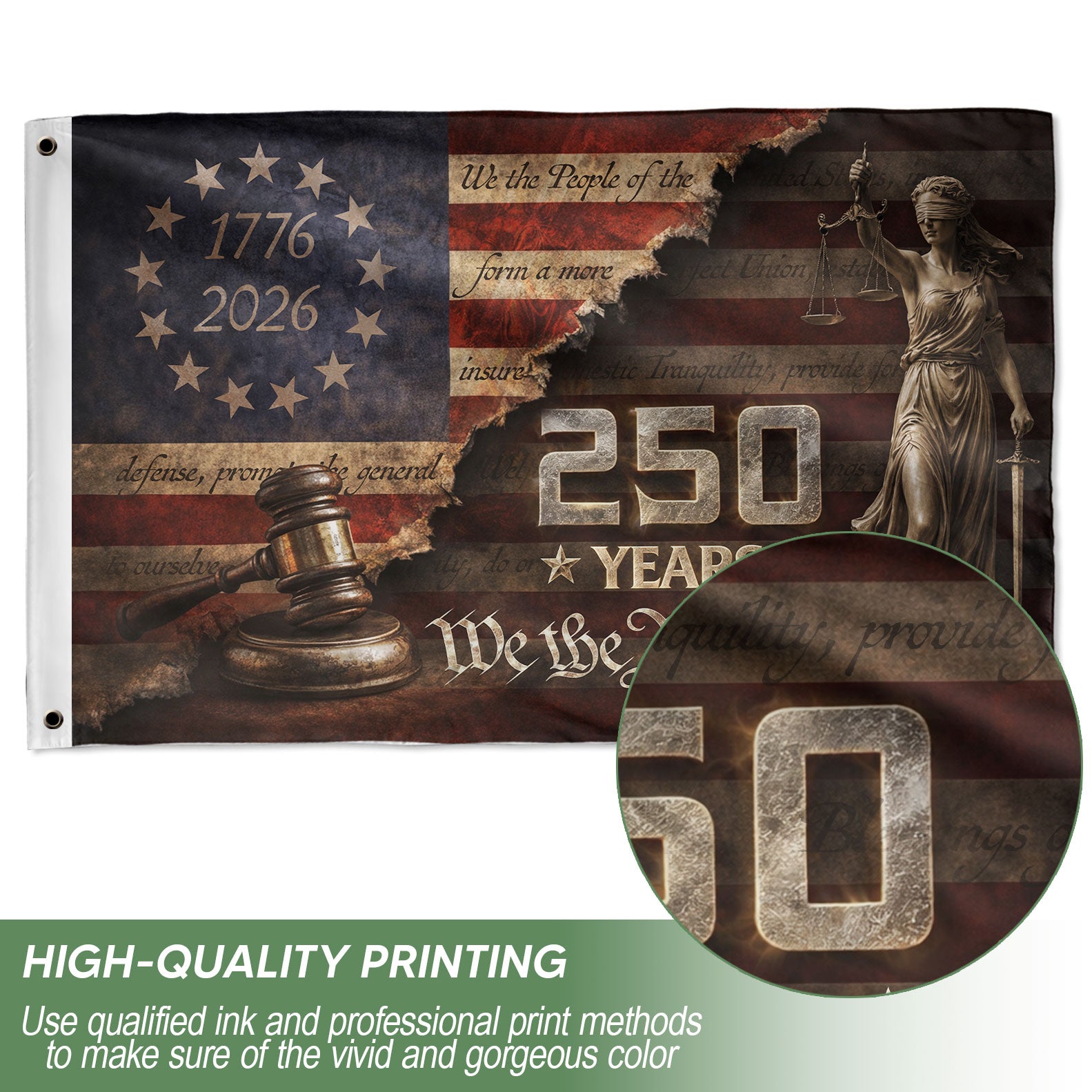 US 250 Years Flag 3x5 ft Lady Justice Gavel We The People 1776-2026 Patriotic Banner - Rust Field Wear