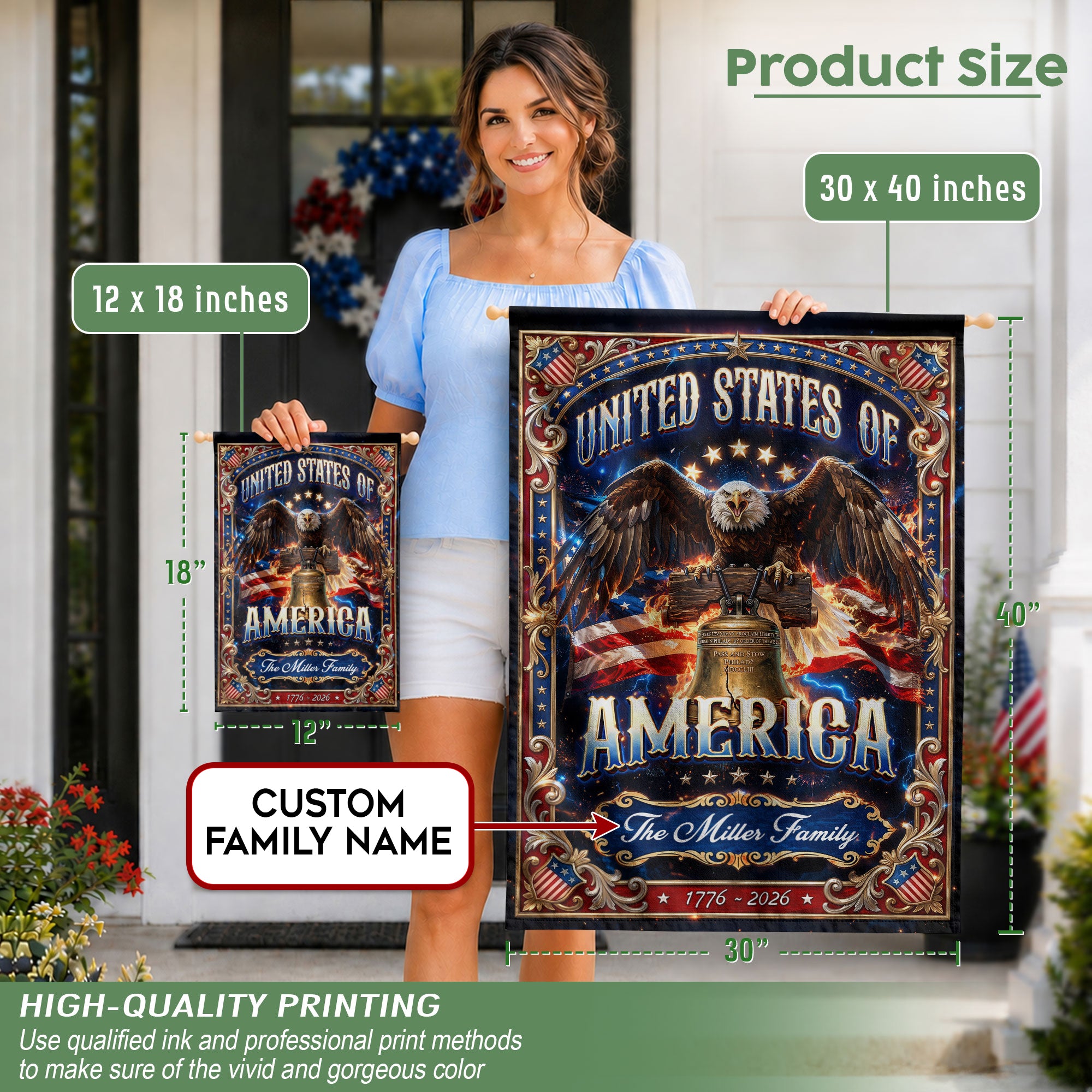 Custom Family Name Garden Flag Patriotic Eagle Liberty Bell USA 1776–2026 Decor