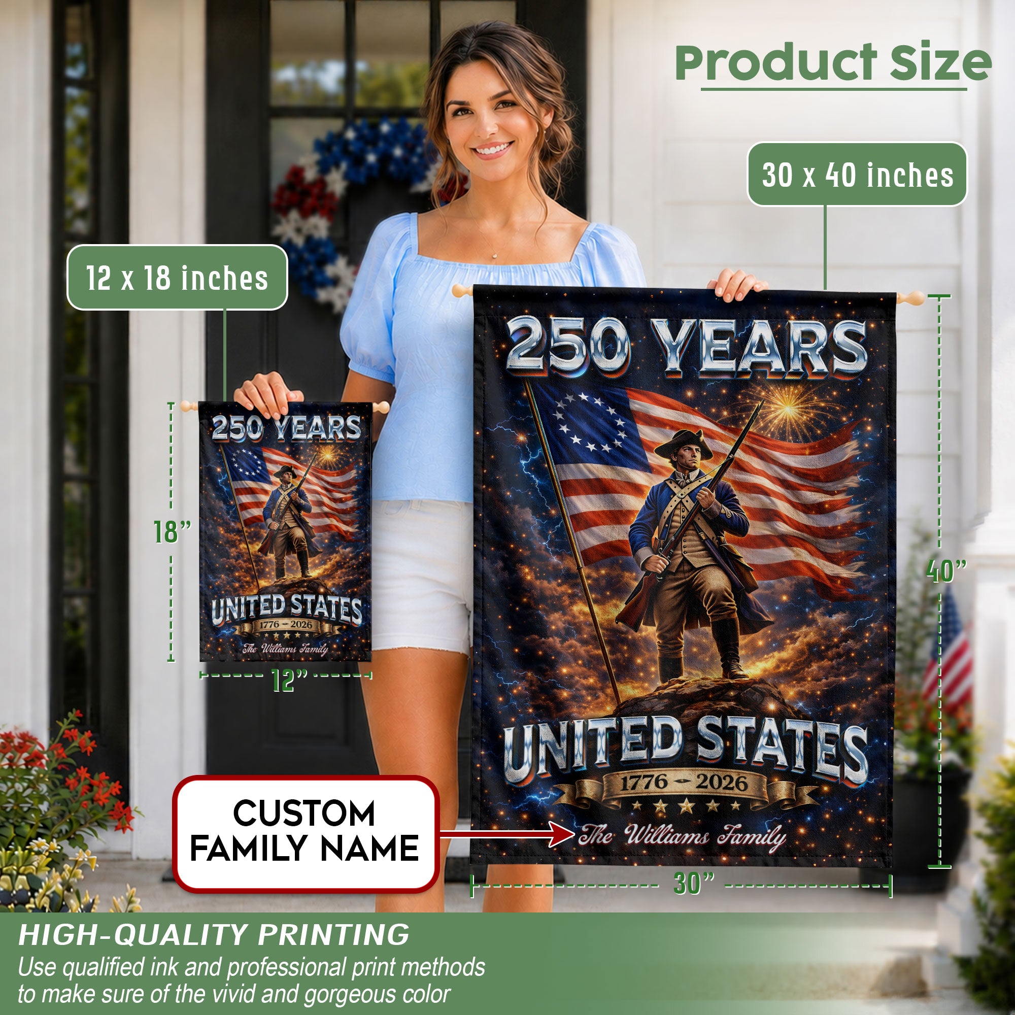 Custom Family Name Garden Flag 250 Years 1776–2026 Patriotic Soldier USA Decor