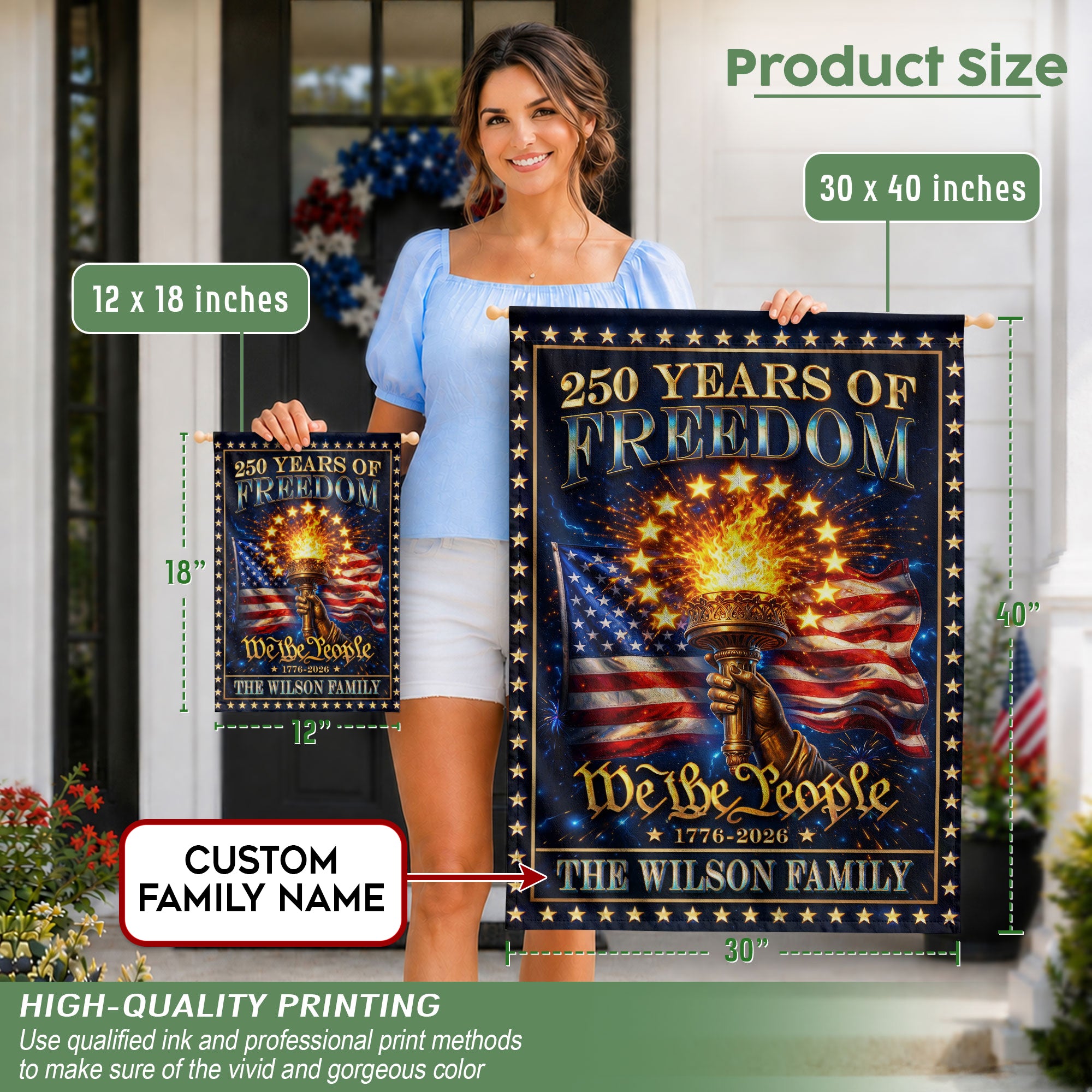 Custom Family Name Garden Flag 250 Years of Freedom 1776–2026 Patriotic Torch