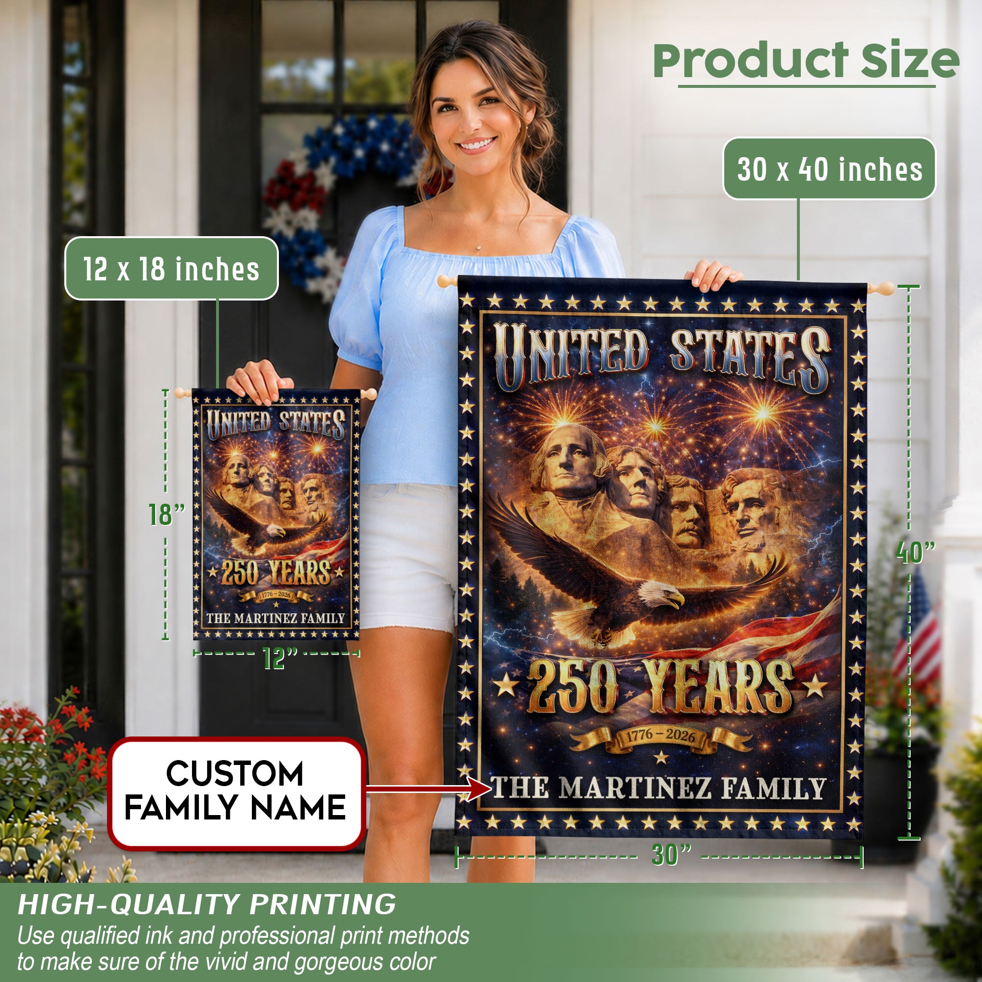 Mount Rushmore Patriotic Garden Flag Custom Family Name 250 Years 1776-2026 Banner