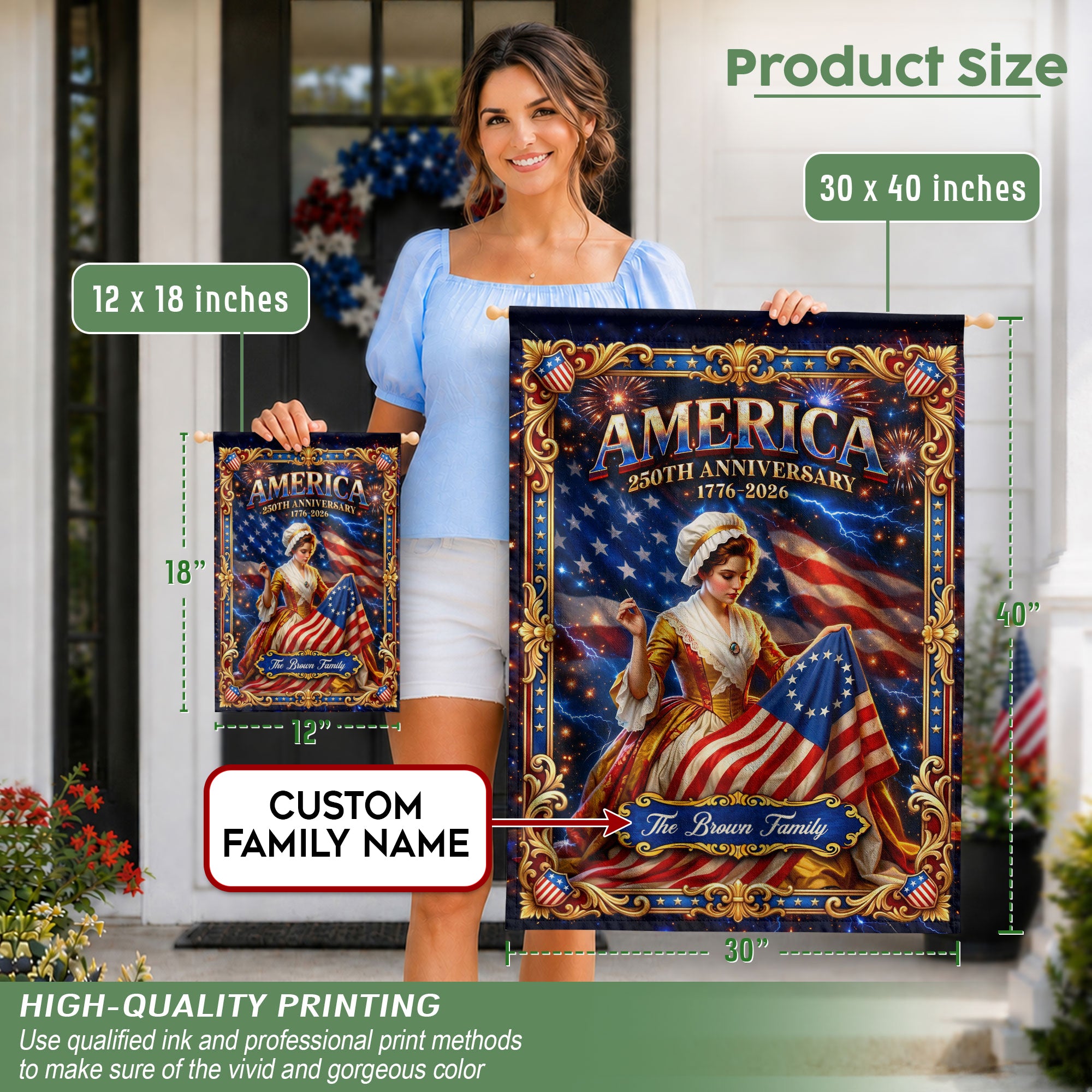 Custom Family Name Garden Flag America 250th Anniversary Betsy Ross Patriotic Banner