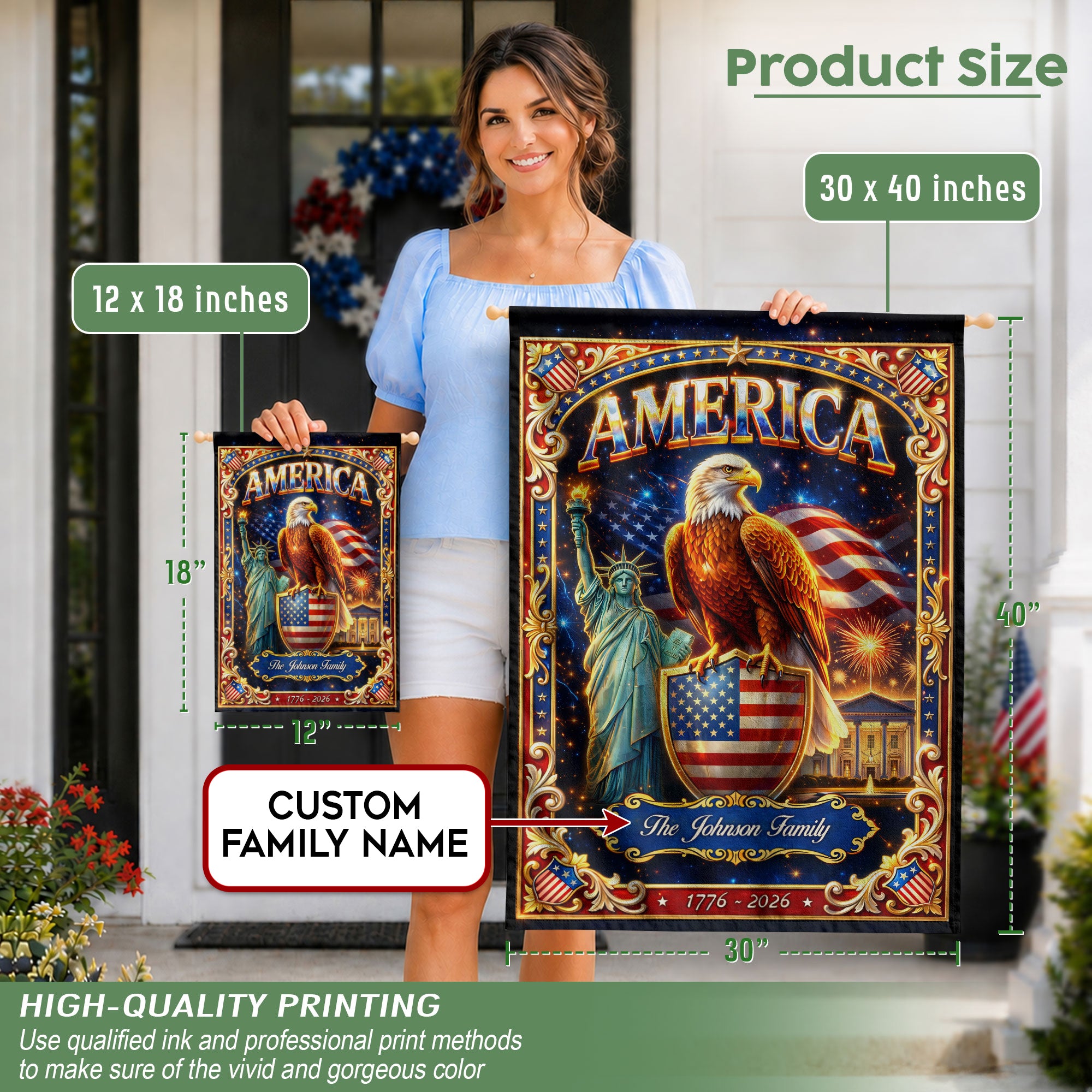 Custom Family Name 250th Anniversary Garden Flag – USA Eagle & Statue of Liberty 1776-2026