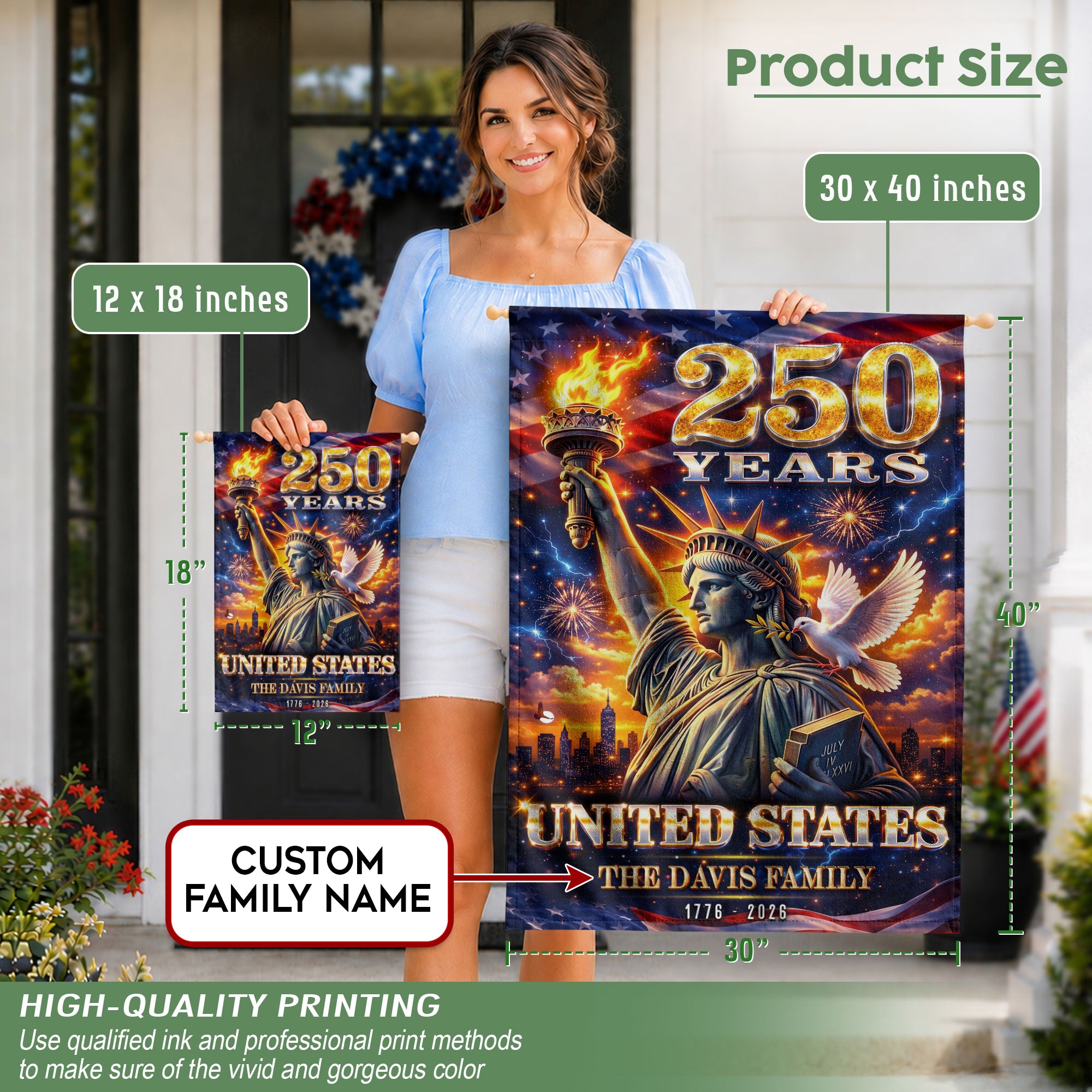 Custom Family Name 250th Anniversary Garden Flag – Statue of Liberty USA 1776-2026